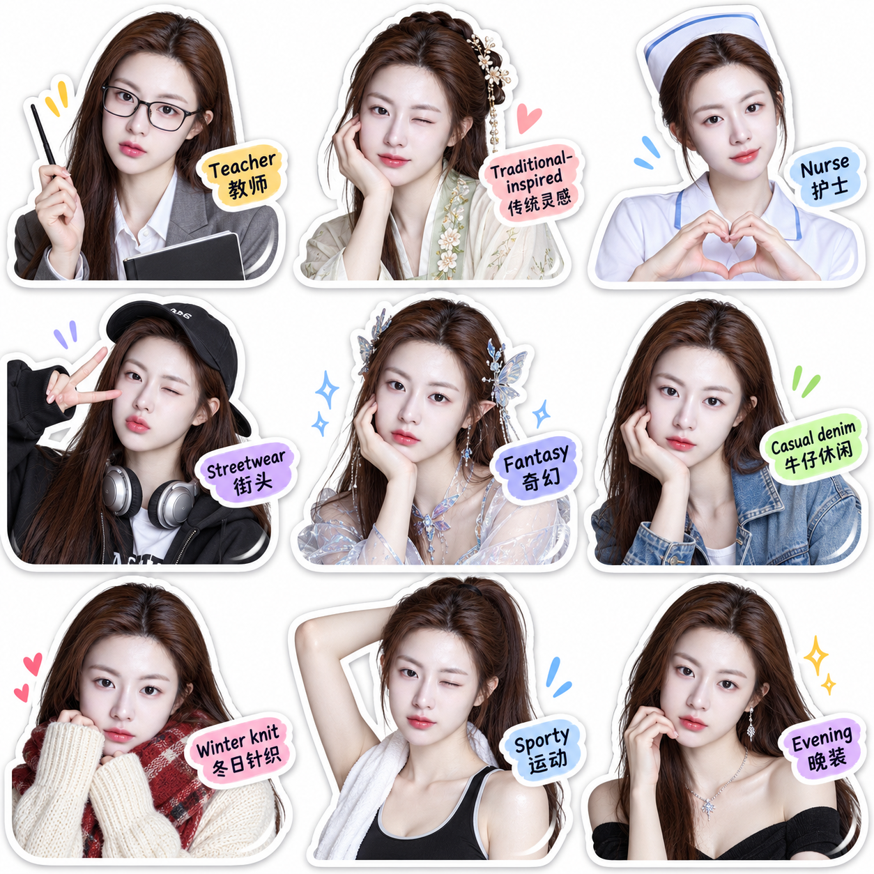 동일 성인 9칸 다중 스타일 의상 스티커 팩