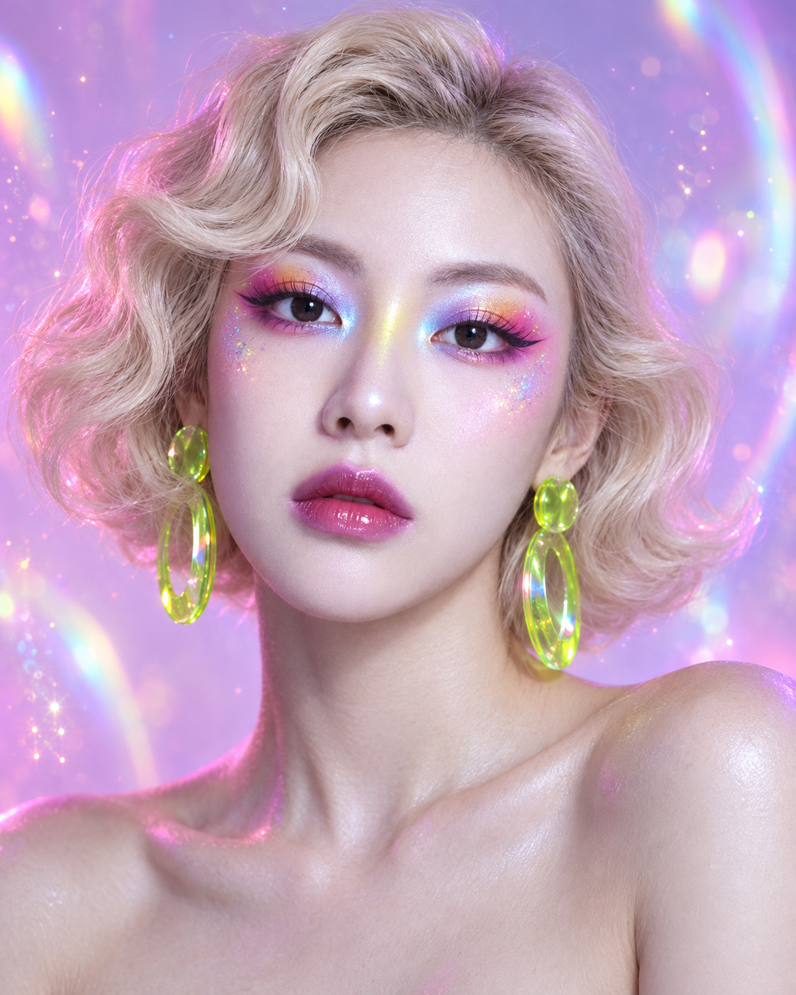 霓虹虹彩妆容与铂金复古卷发特写 — AI image creation