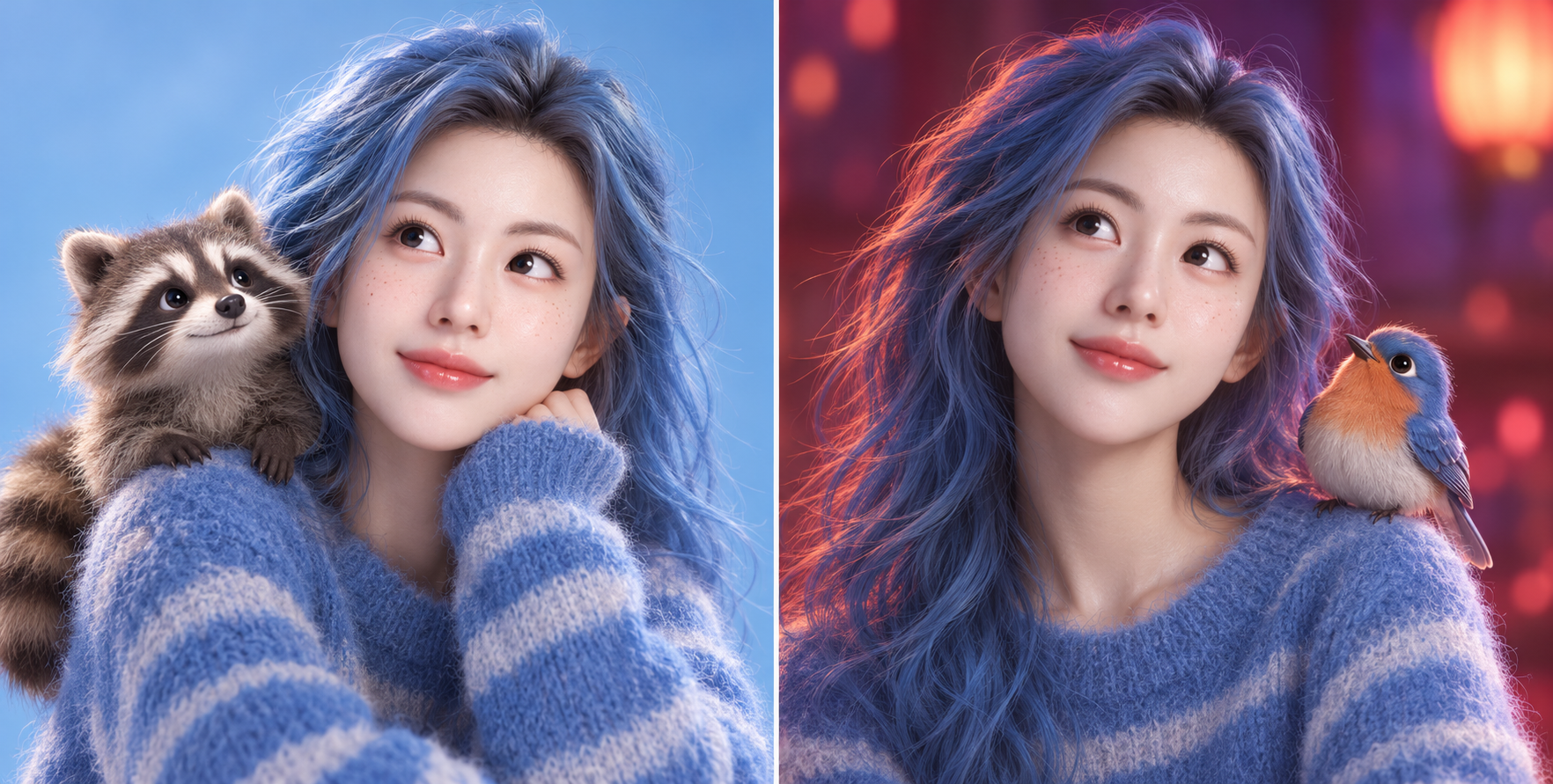 蓝发成年女性与肩头萌宠双格角色设定 — AI image creation