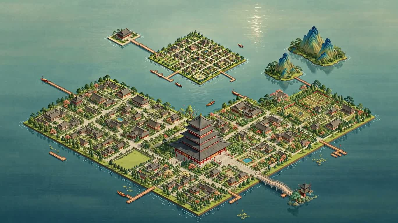 Visions botaniques ukiyo-e d'une cité insulaire flottante — AI video creation