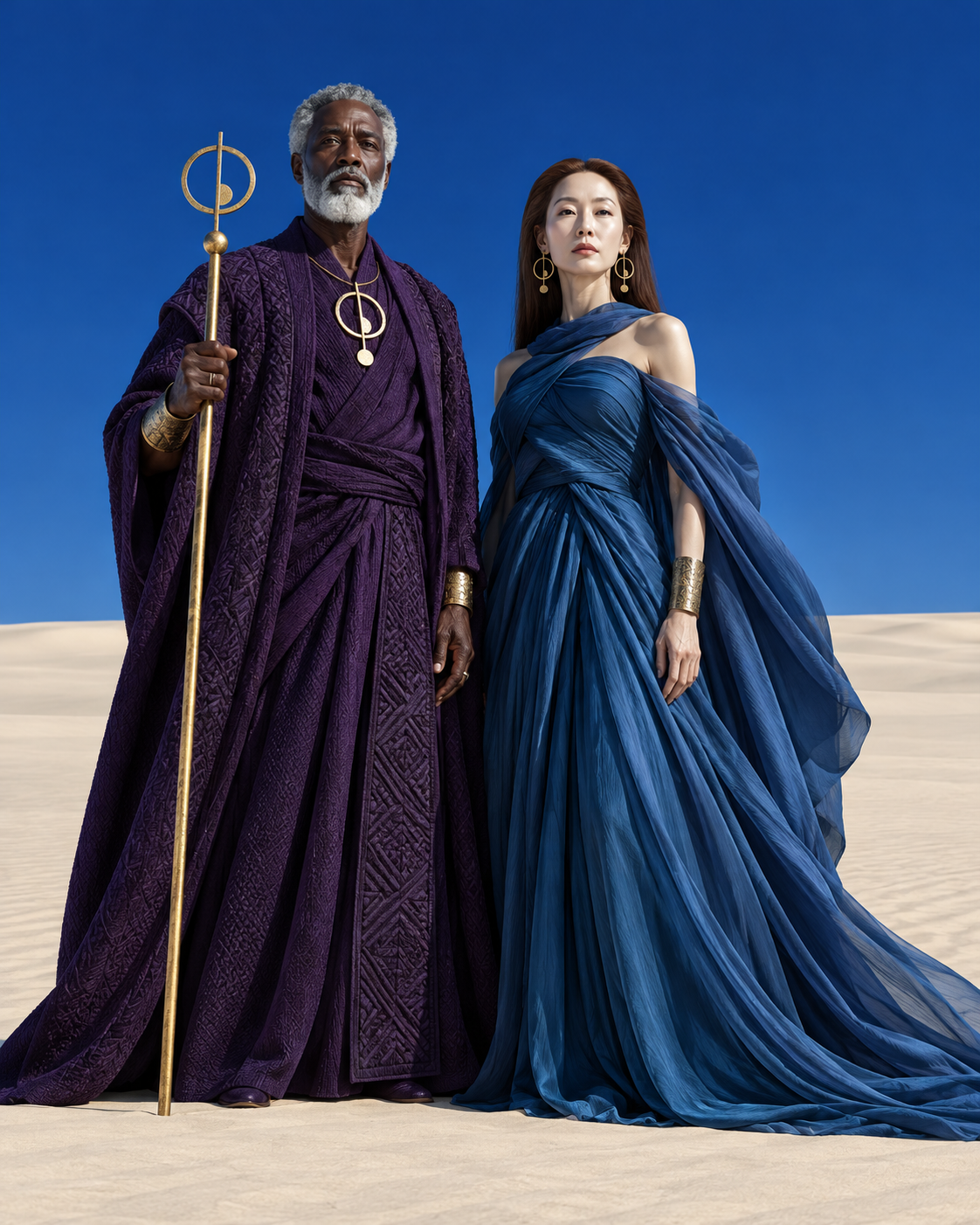 Chân dung đôi bô lão Afrofuturist giữa sa mạc dưới bầu trời xanh cô ban