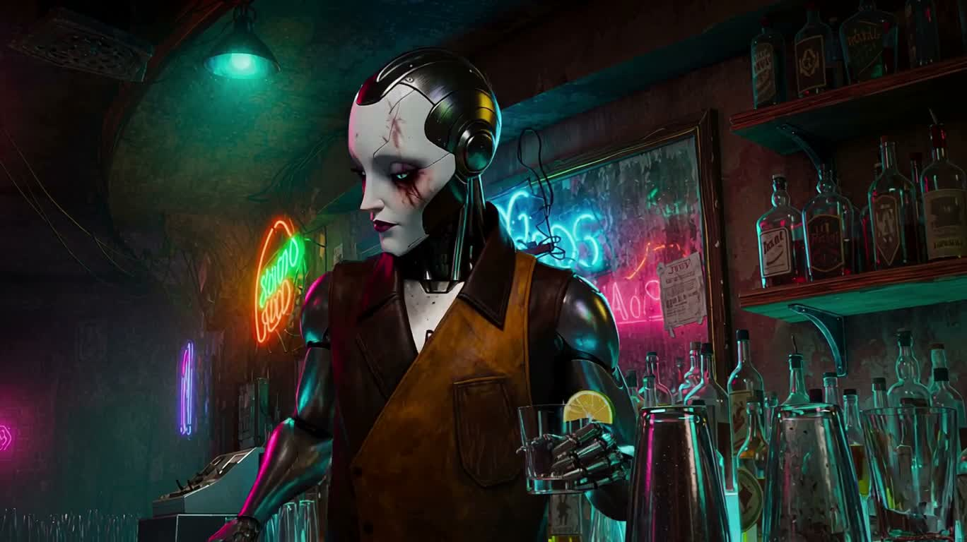 Bartender cyberpunk trong quán bar neon — AI video creation