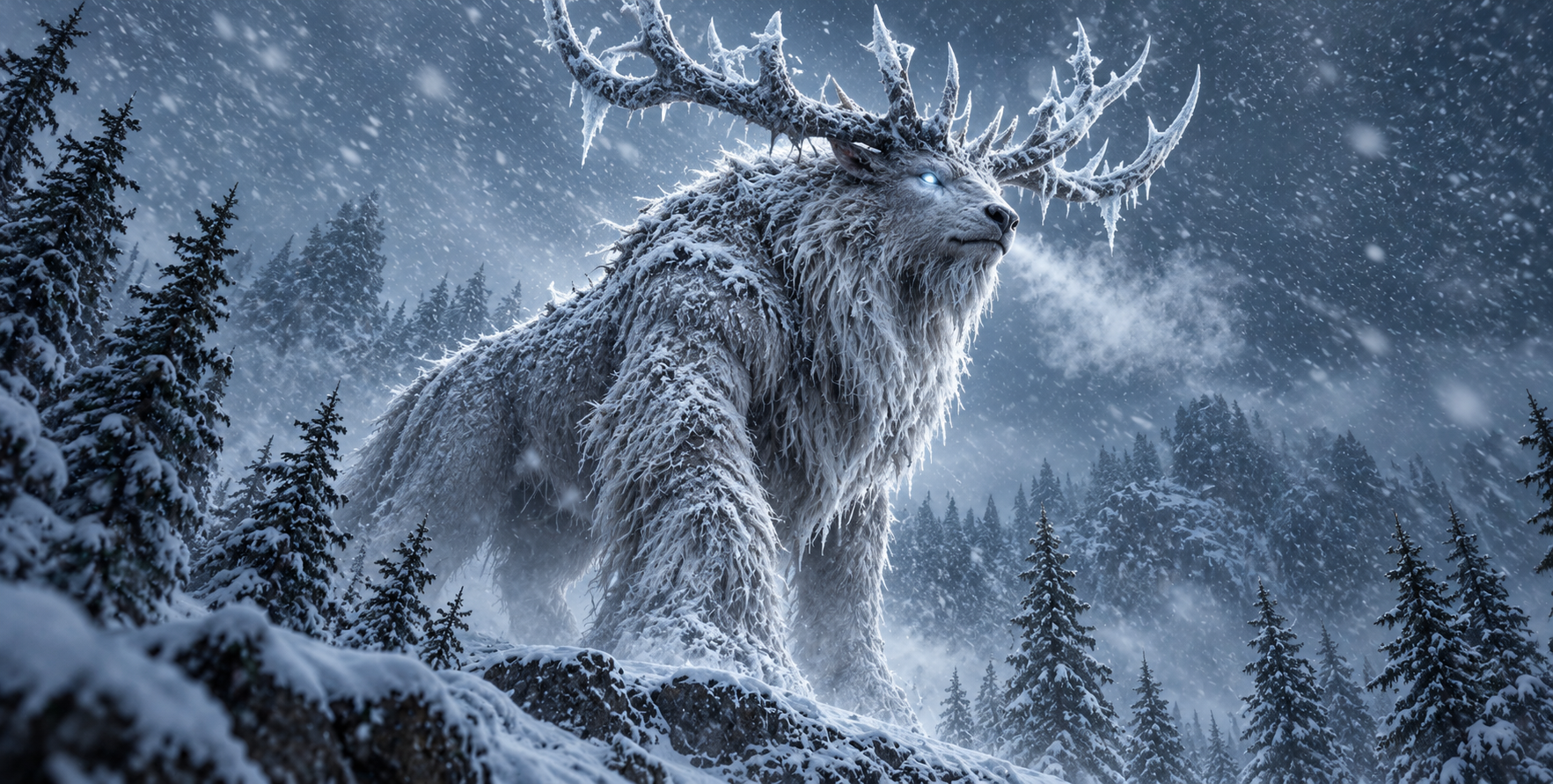 暴风雪森林中的远古霜角巨兽 — AI image creation