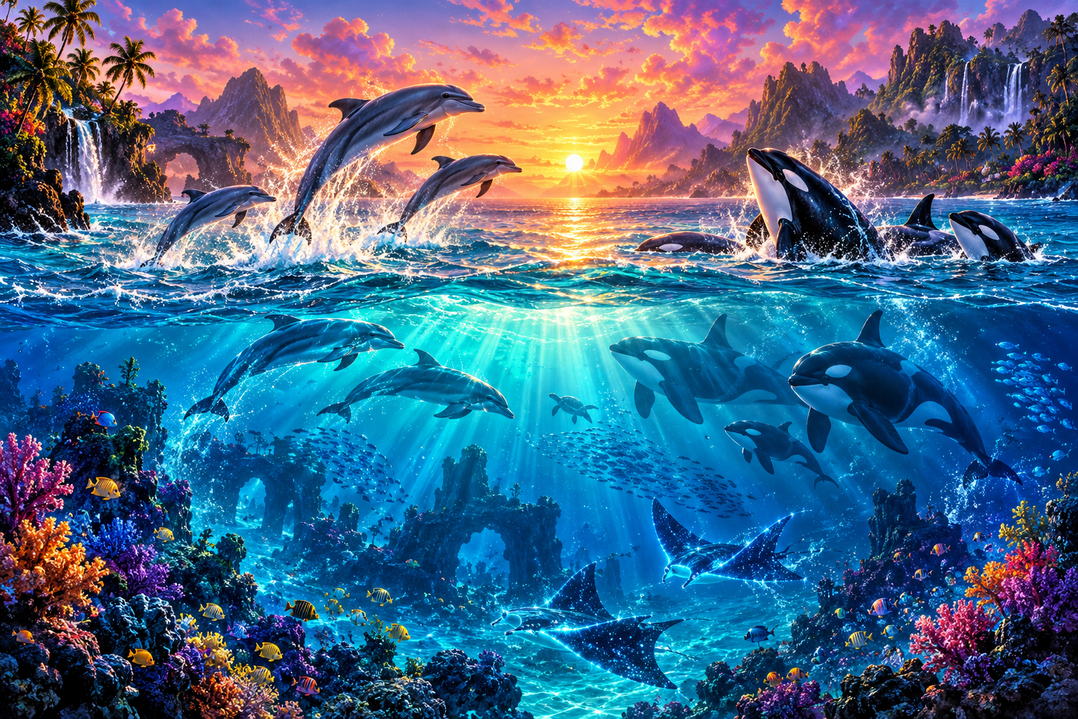 梦幻星海中的海豚与虎鲸 — AI image creation