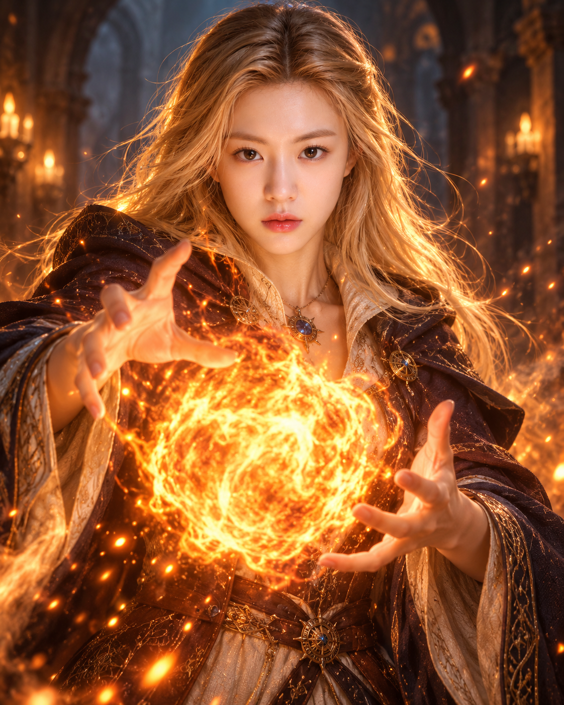 金发成年法师施展烈焰火球 — AI image creation