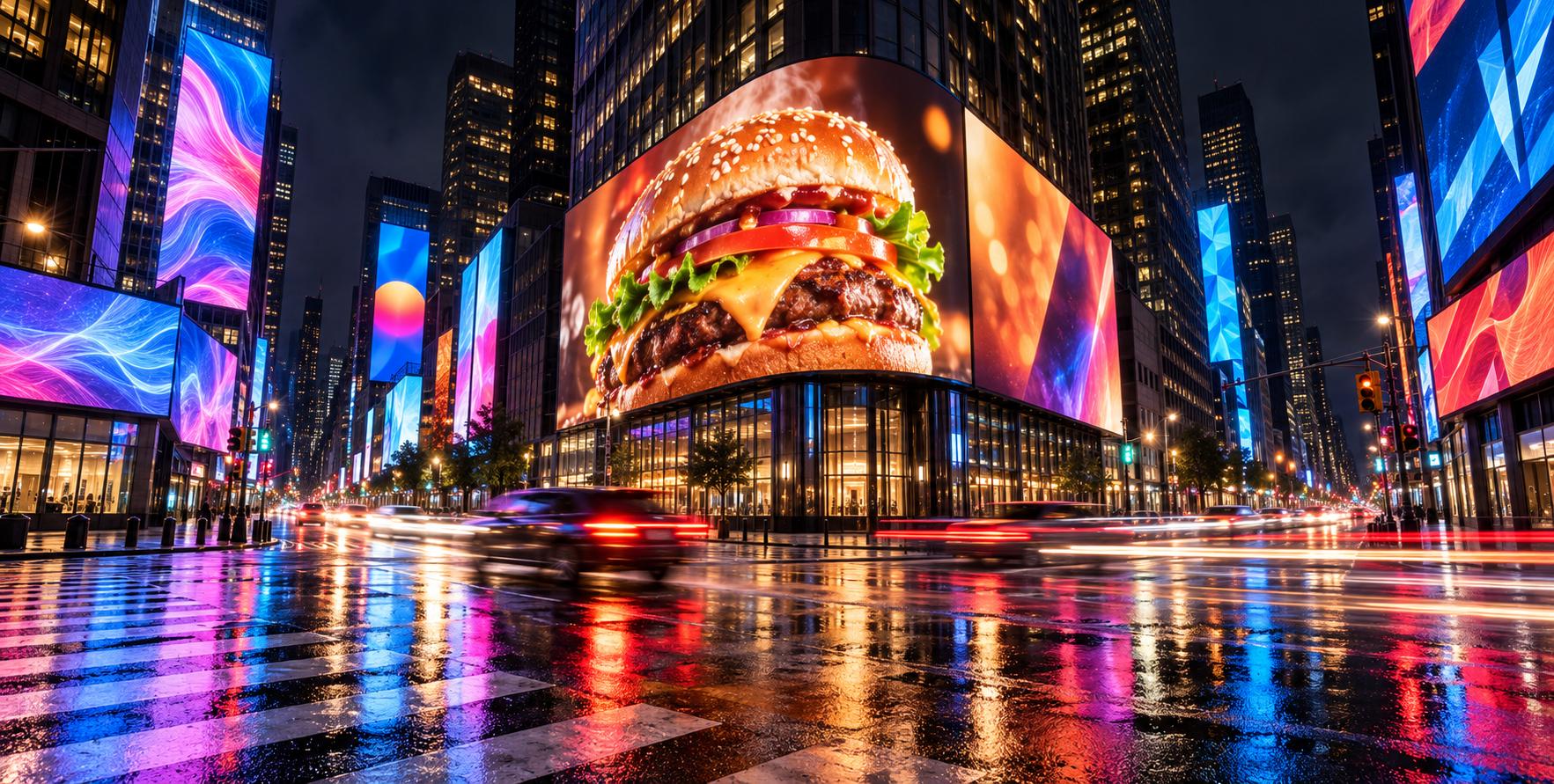 霓虹雨夜弧形汉堡广告屏城市景观 — AI image creation