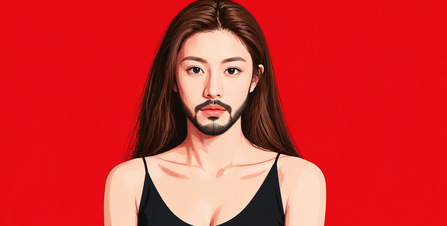 Portrait vectoriel moderne d'un homme à barbe foncée sur fond rouge pur