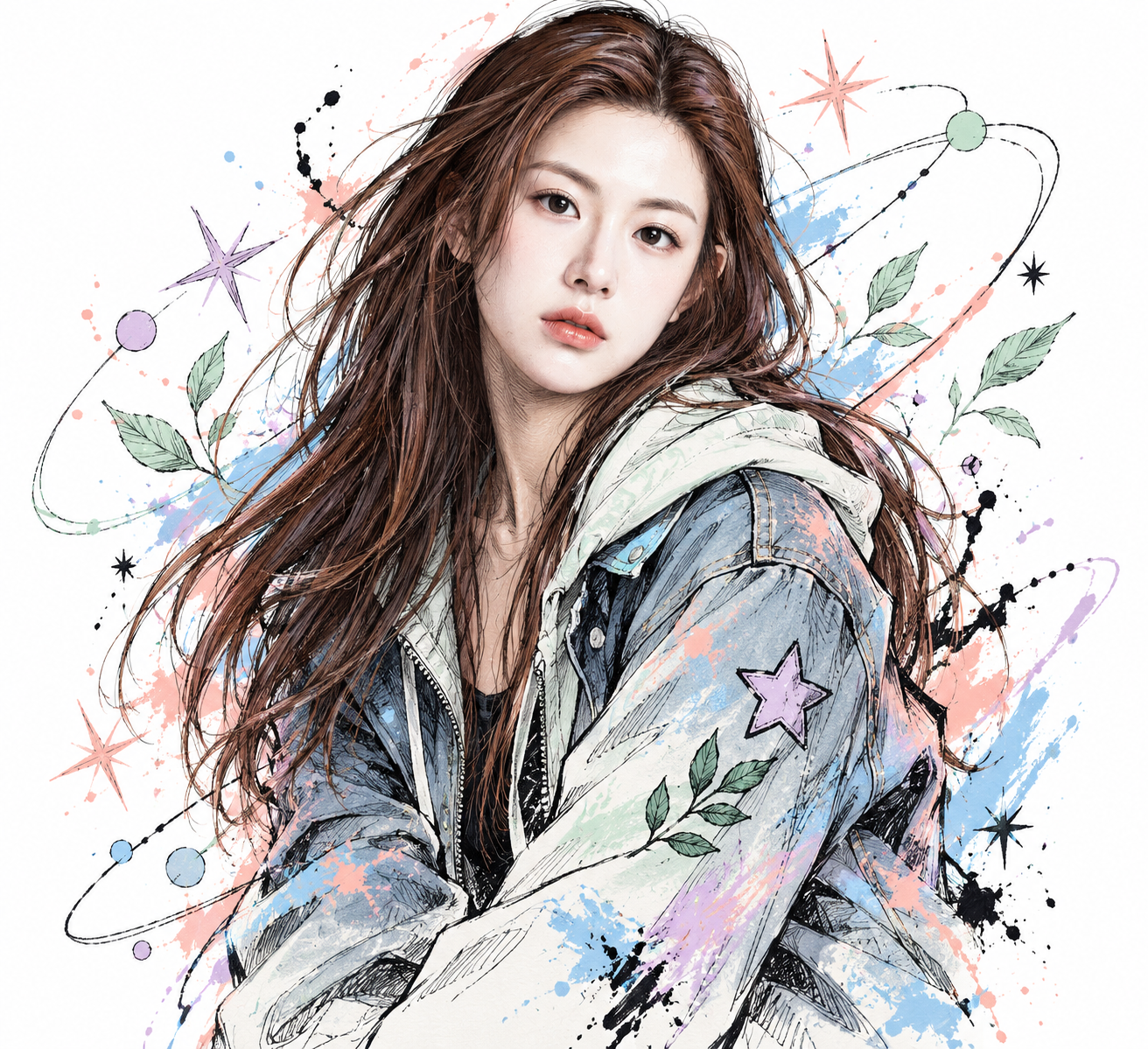 粉彩墨迹与涂鸦线条的成年人物半身插画 — AI image creation