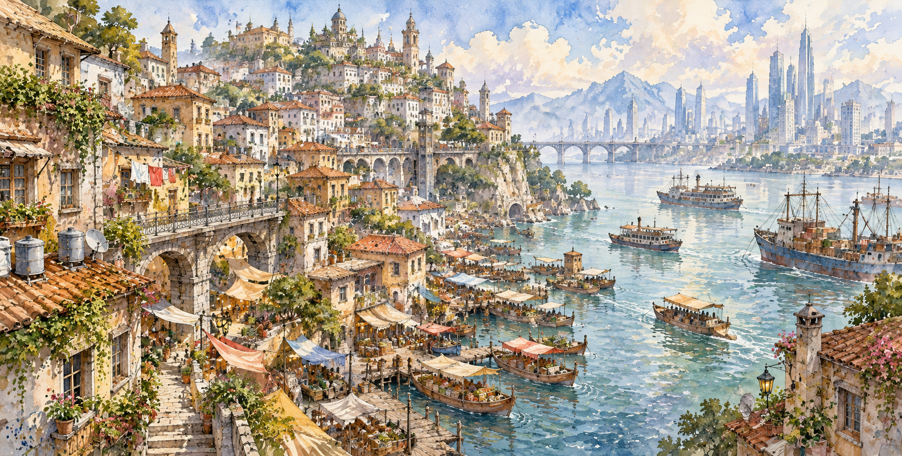 奇幻水彩山城与繁忙河港 — AI image creation