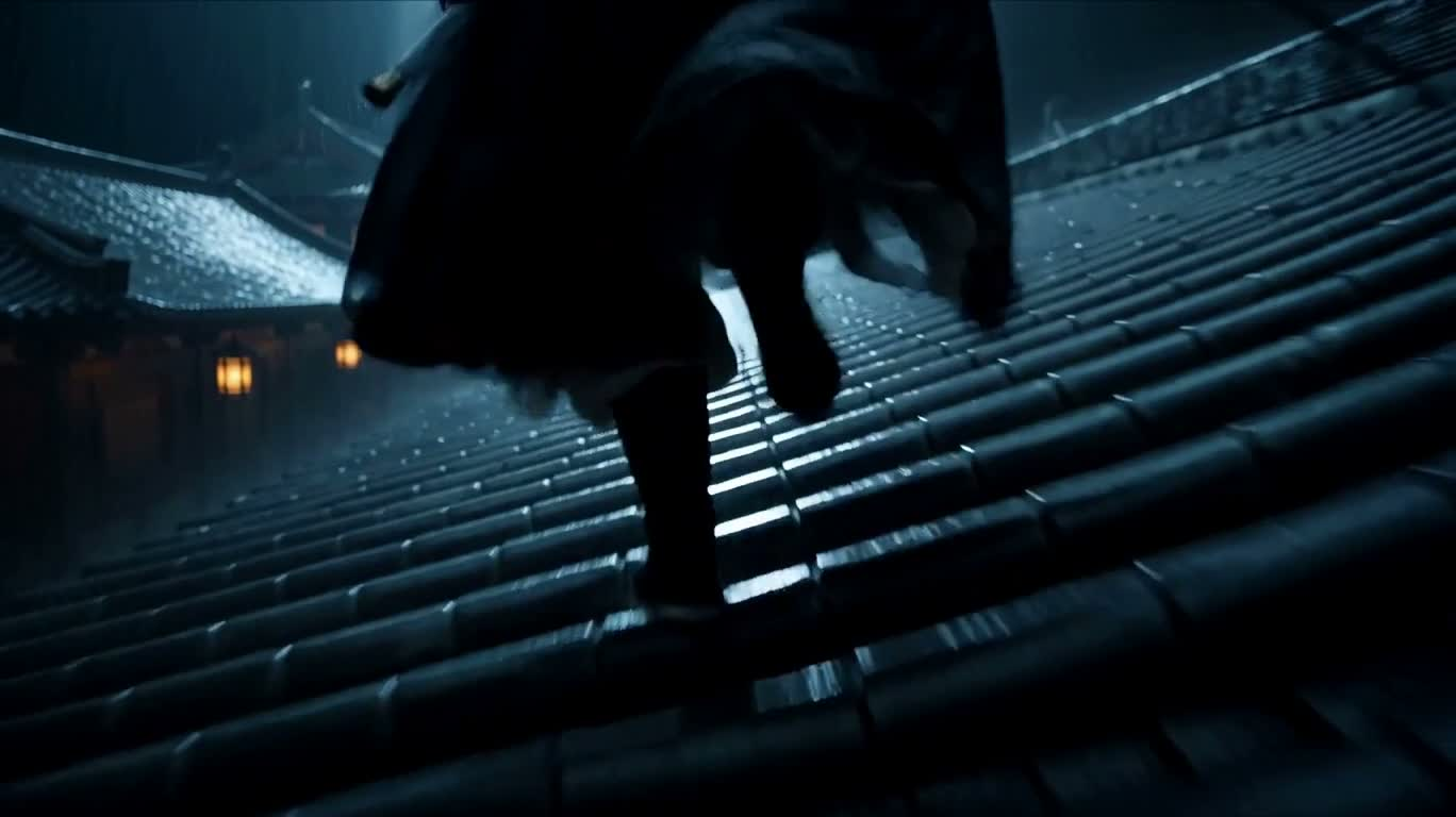 Rút kiếm dưới mái hiên đêm mưa — AI video creation
