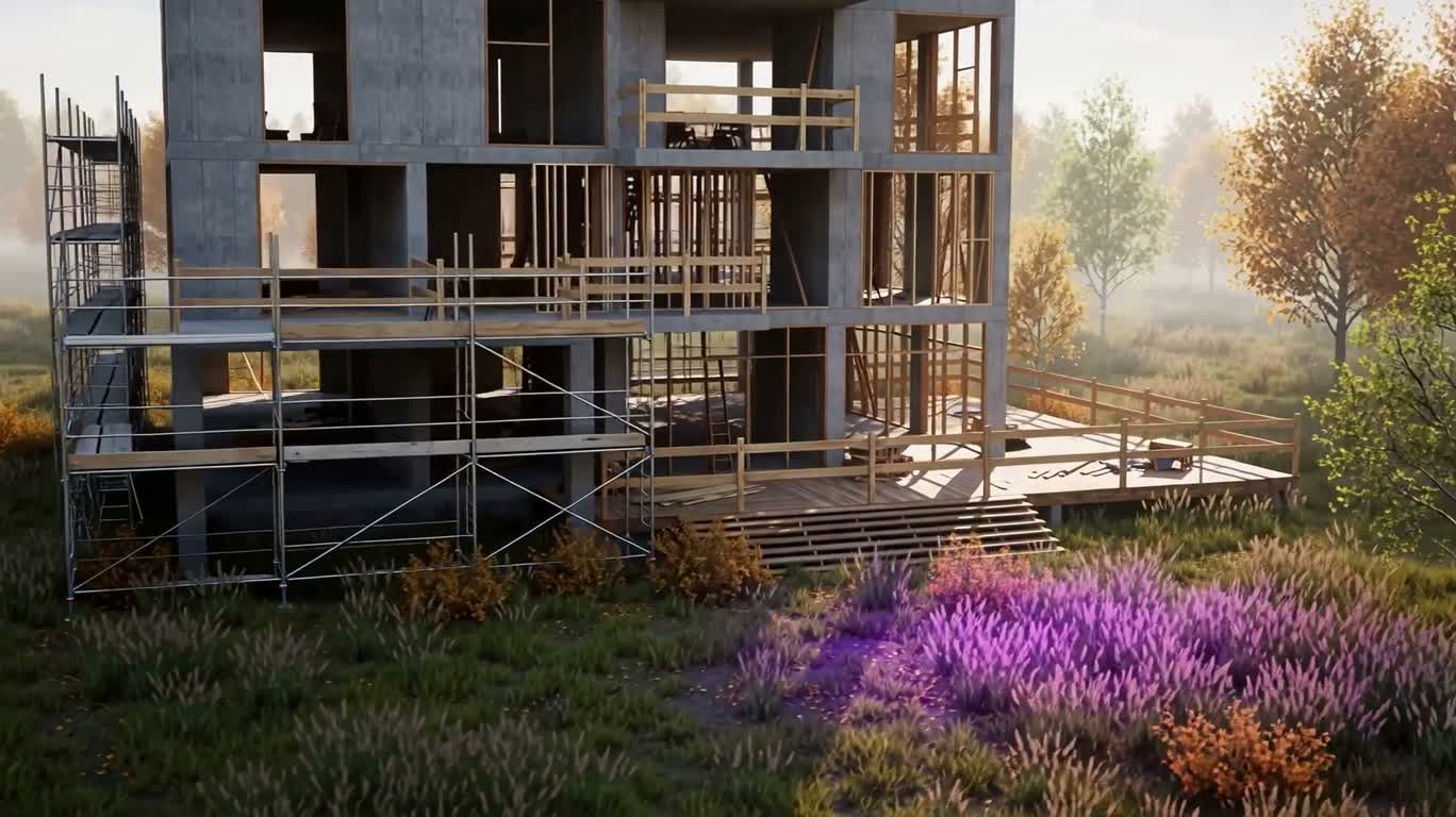秋日霓光未完建筑与自然庭院 — AI video creation