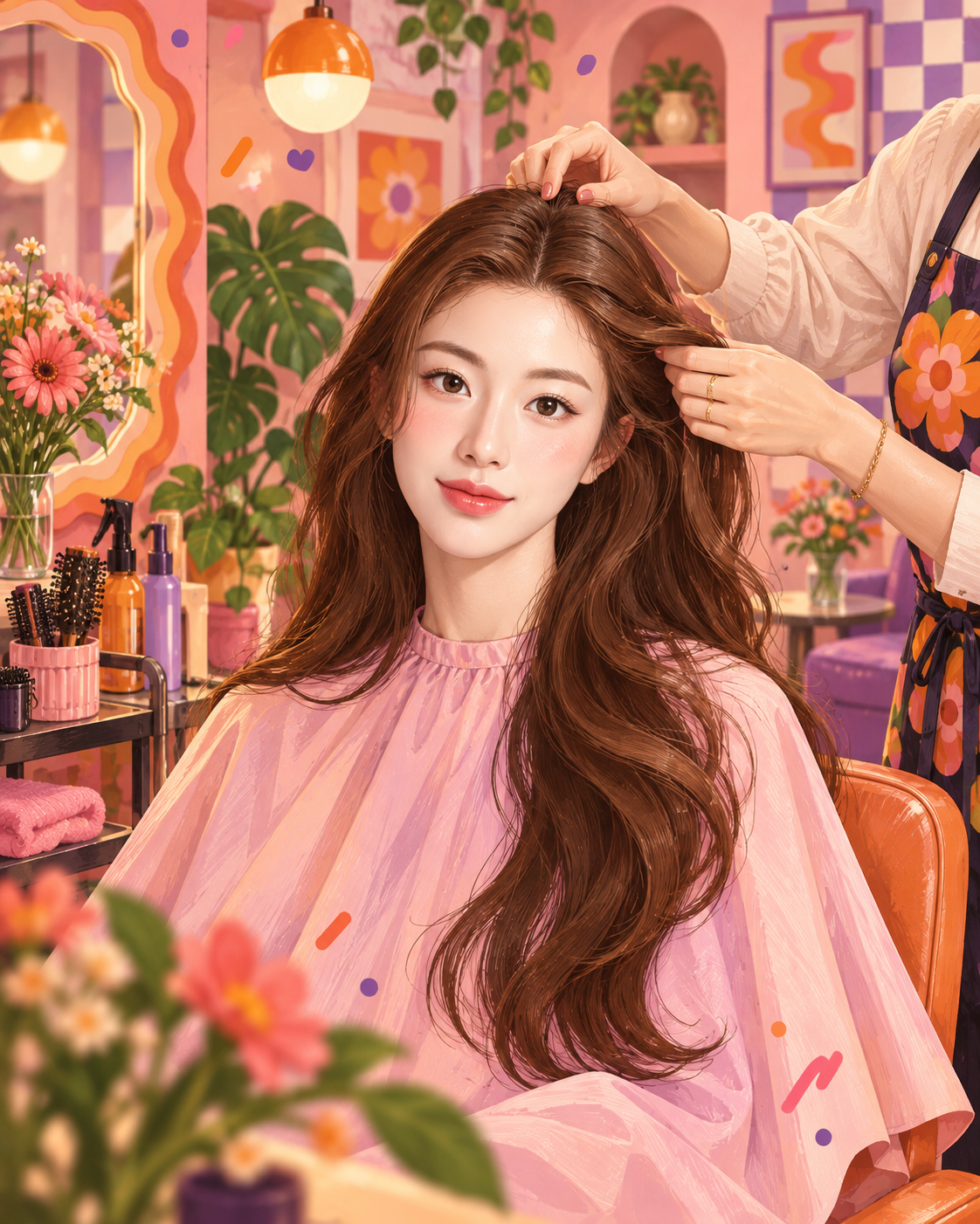 レトロでカラフルなインディーサロンに描かれた大人の女性のファッションイラスト — AI image creation