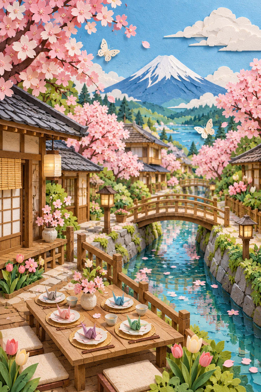 樱花季日本村落五口之家纸艺微缩景 — AI image creation