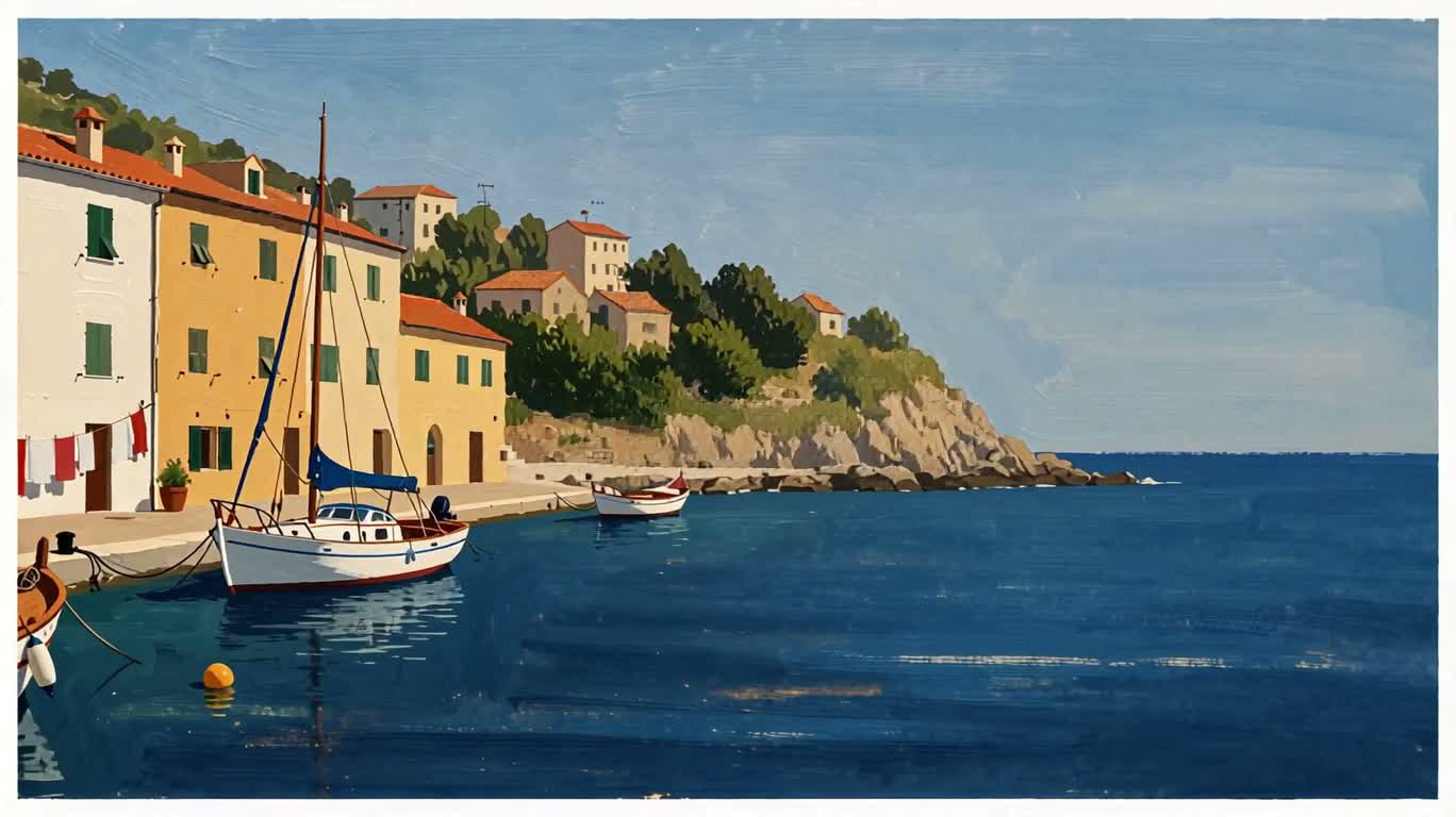 Mediterranean Harbor Gouache Travel Poster — AI video creation
