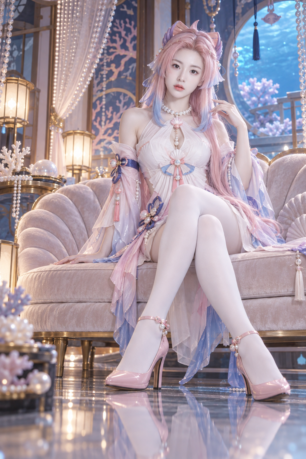 Chân dung cosplay Sangonomiya Kokomi trên ghế sofa vỏ sò góc thấp