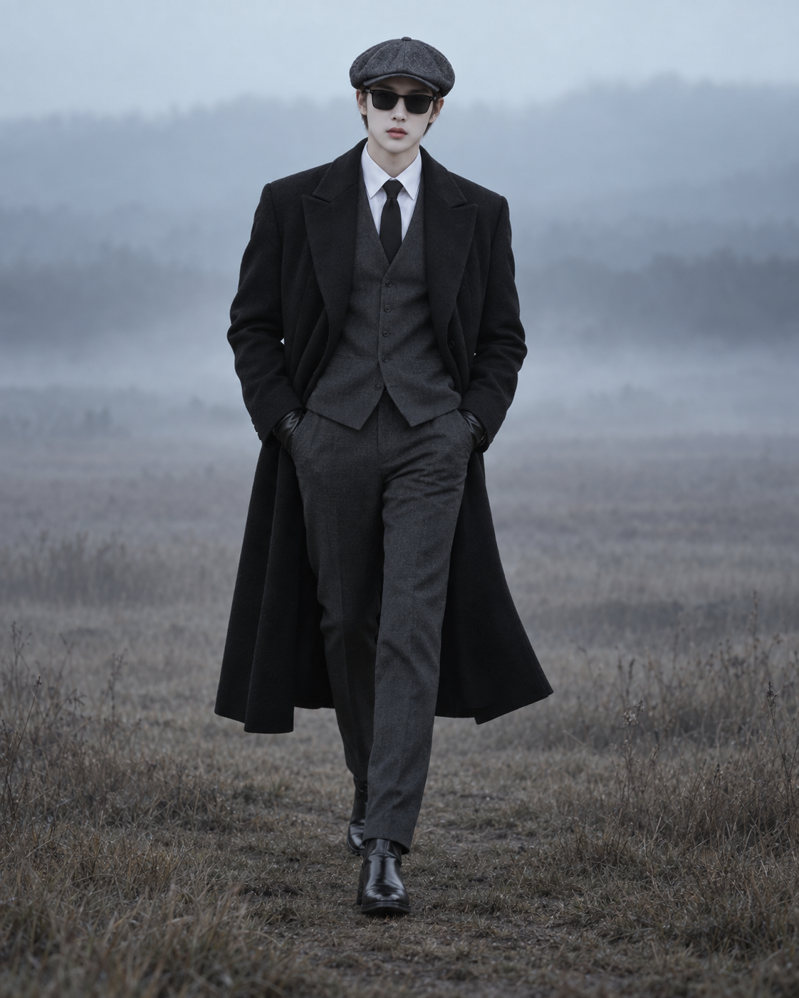 안개 낀 황야 속 신사의 패션 초상화 — AI image creation