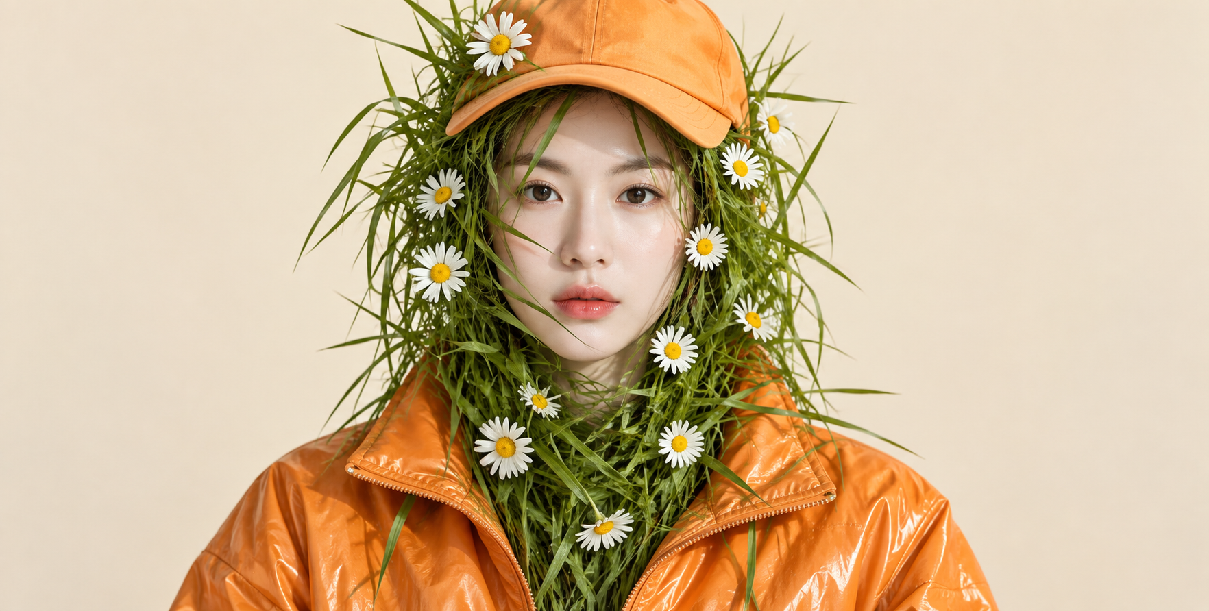绿草雏菊环绕的橙色超现实人像 — AI image creation