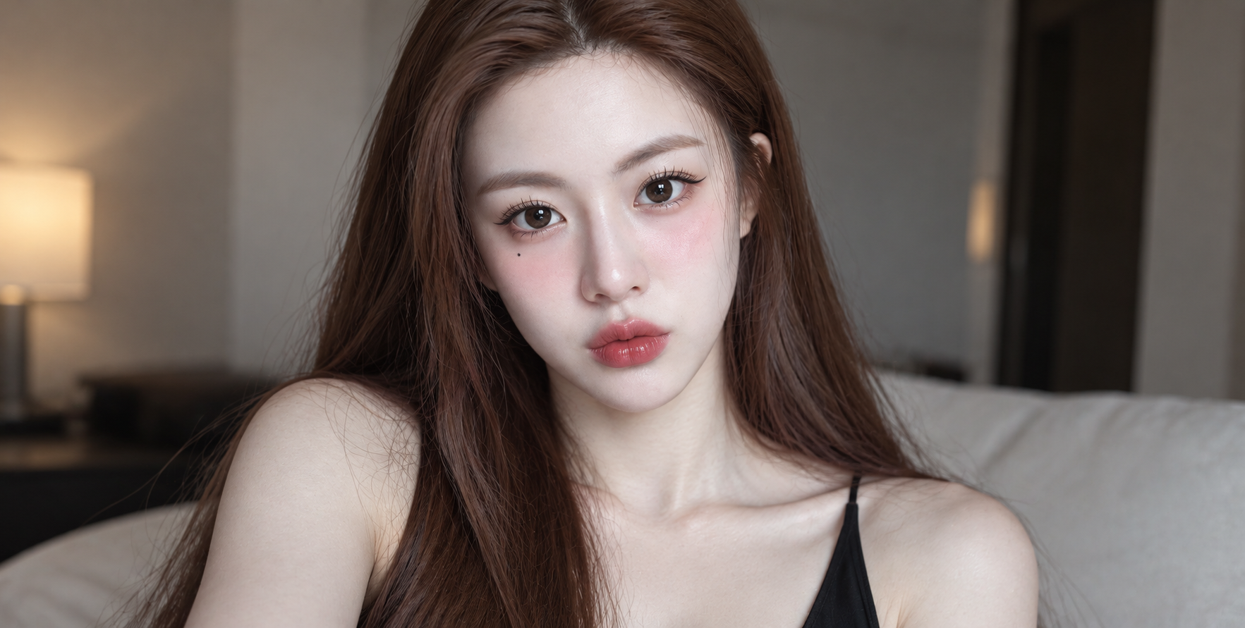 栗色のロングヘアの成人女性のシネマティックなスマホ自撮りクローズアップ