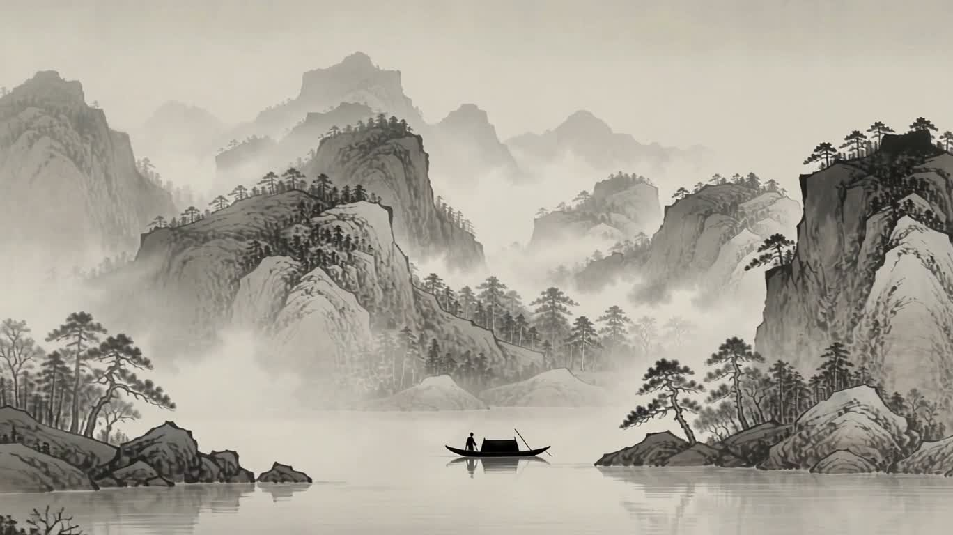 Barque solitaire sur la montagne nuageuse — AI video creation