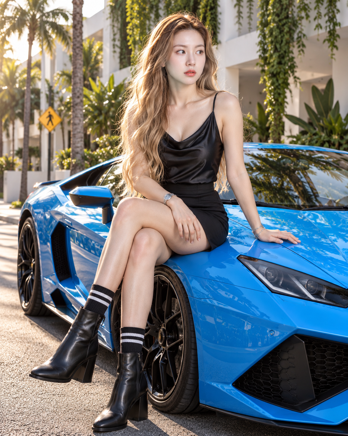 迈阿密风格街头成年女性与电光蓝超跑 — AI image creation