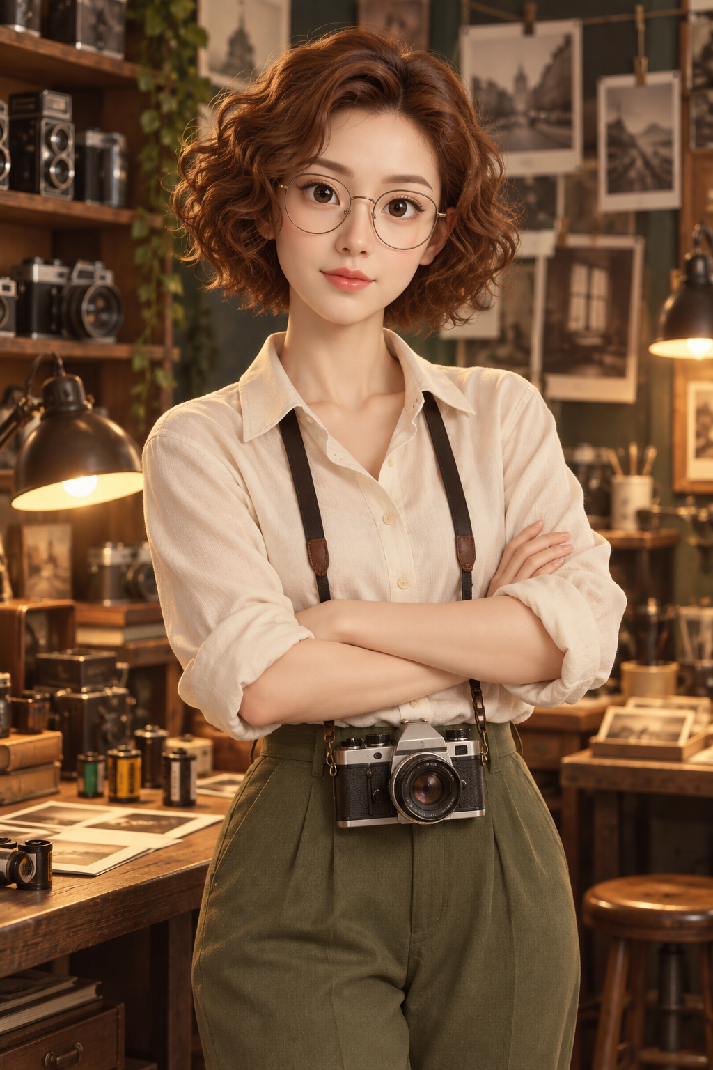 复古摄影工作室的3D动画女性摄影师 — AI image creation
