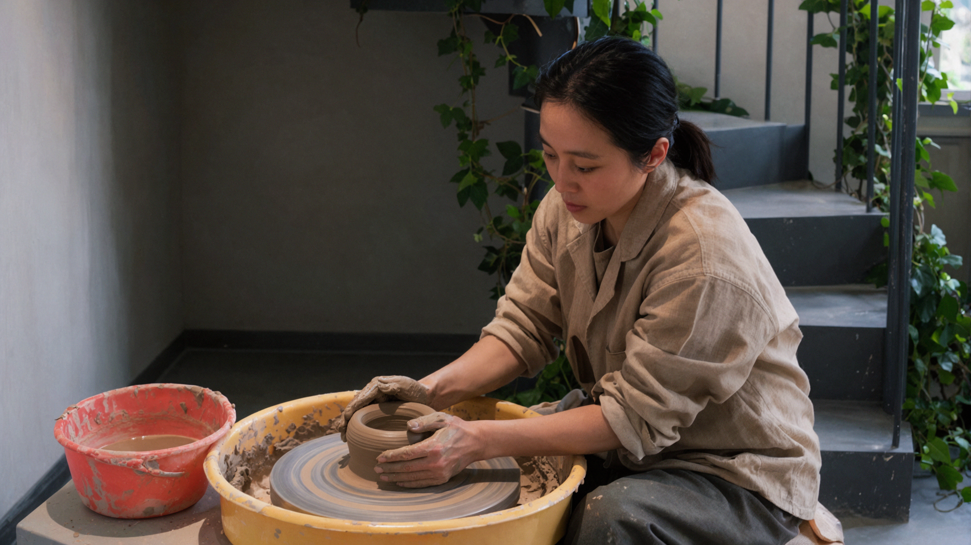 East Asian Woman Potter at the Spinning Wheel · Environmental Portrait