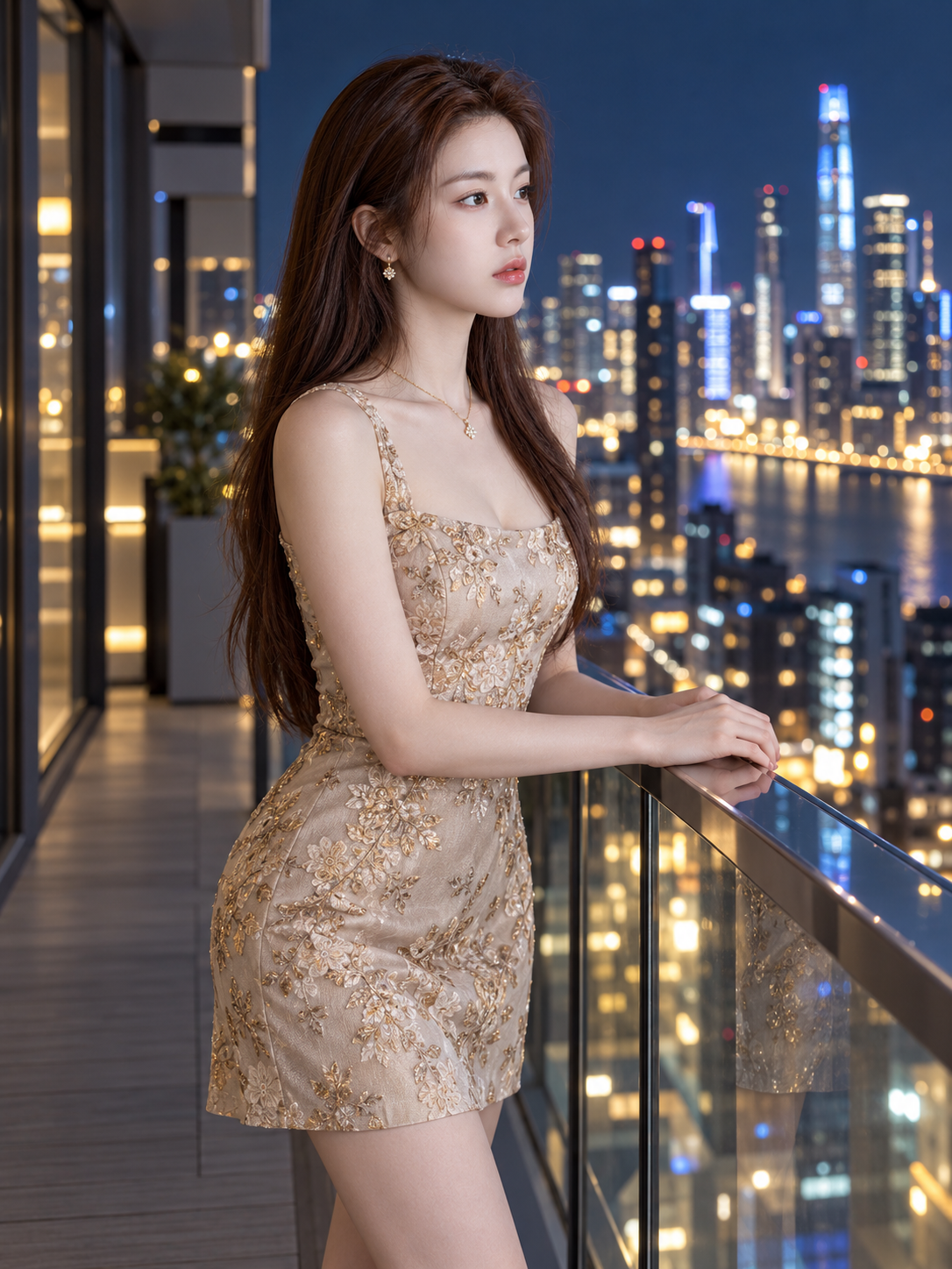 玻璃阳台都市夜景成年女性时尚肖像 — AI image creation