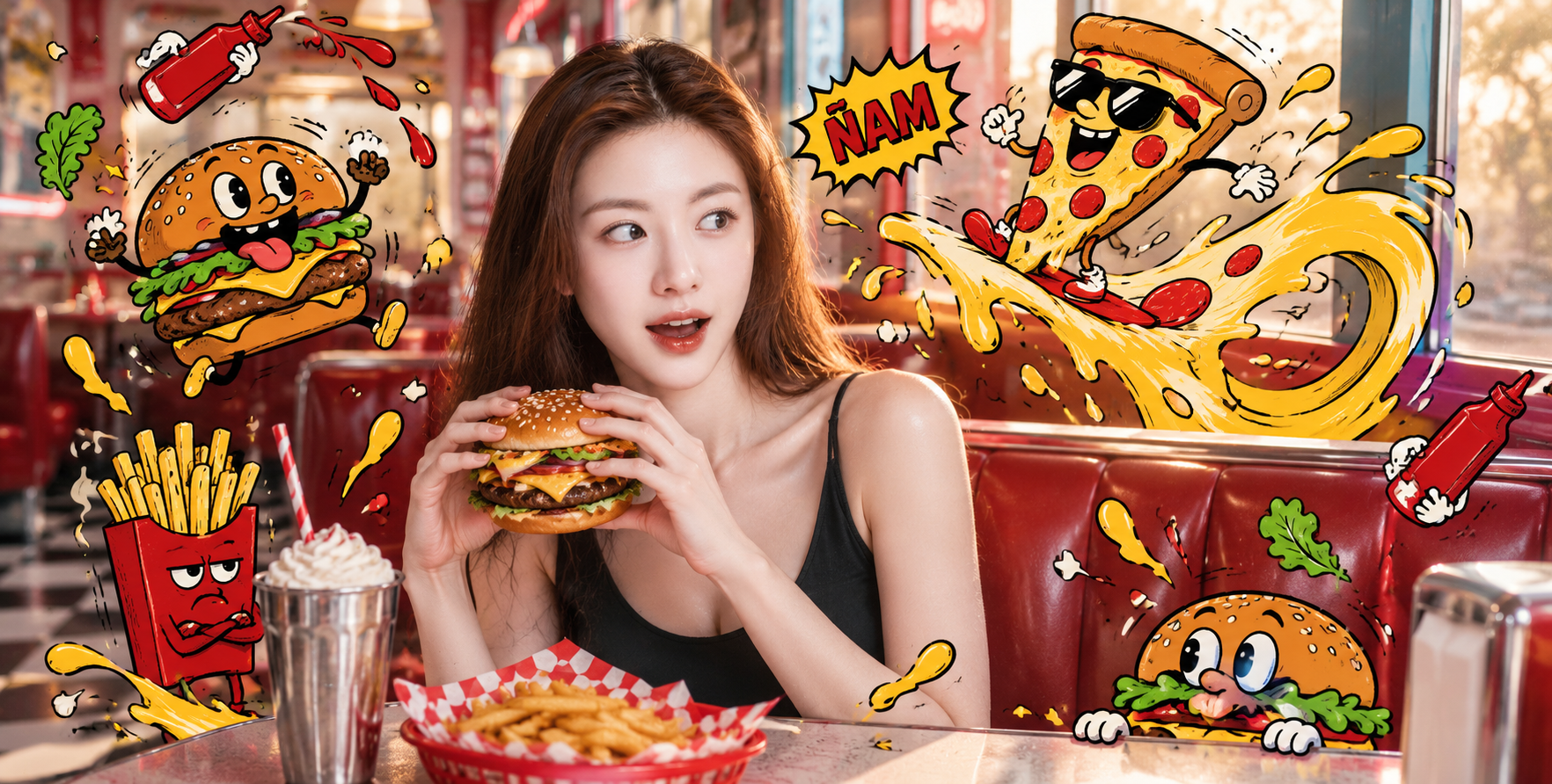 레트로 식당에서의 패스트푸드 낙서 모험