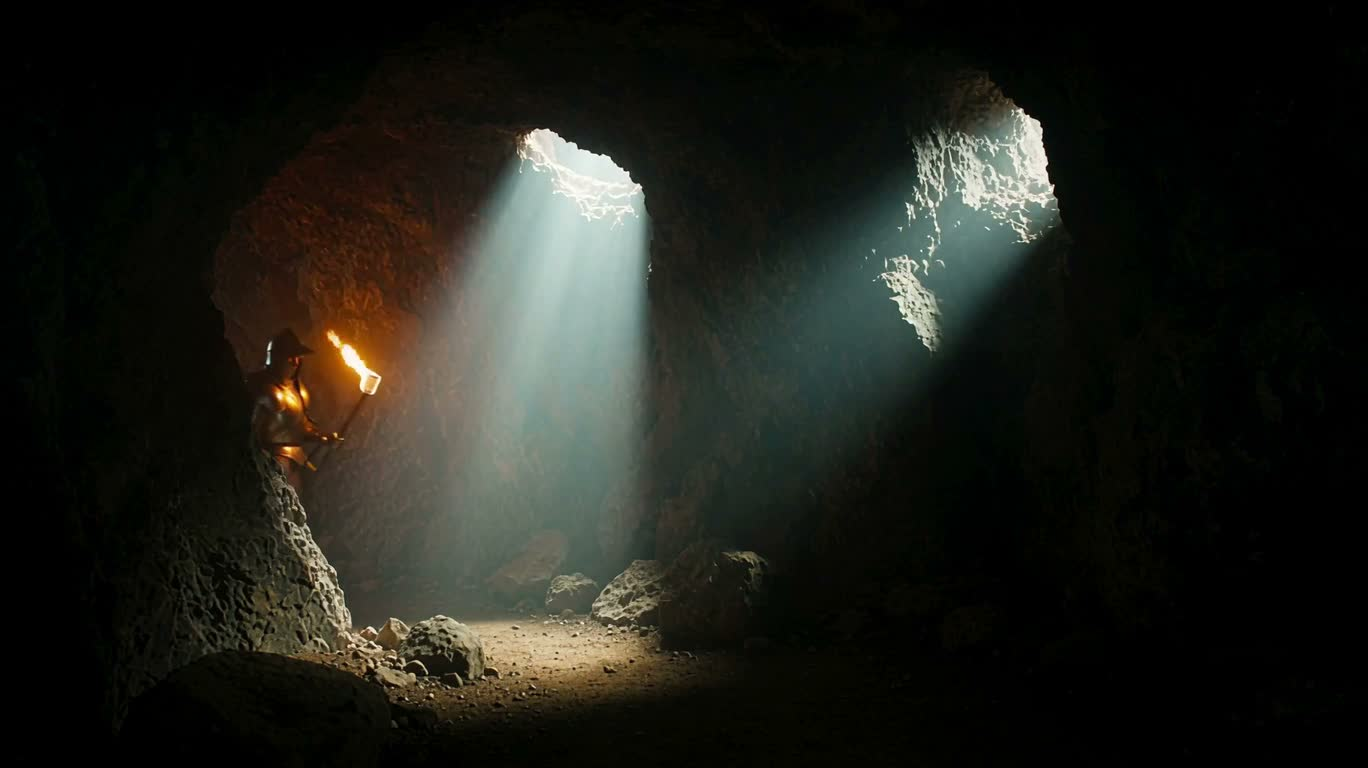 Chevalier à la flamme bleue dans la caverne sombre — AI video creation