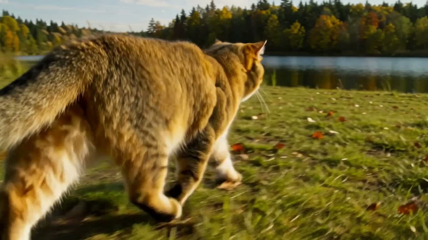 湖畔へ走る金色の長毛猫 — AI video creation