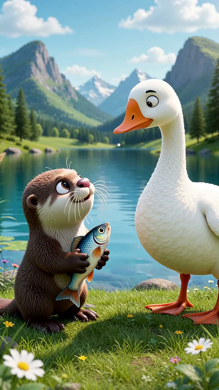 湖畔の小さなカワウソと白いガチョウ — AI video creation