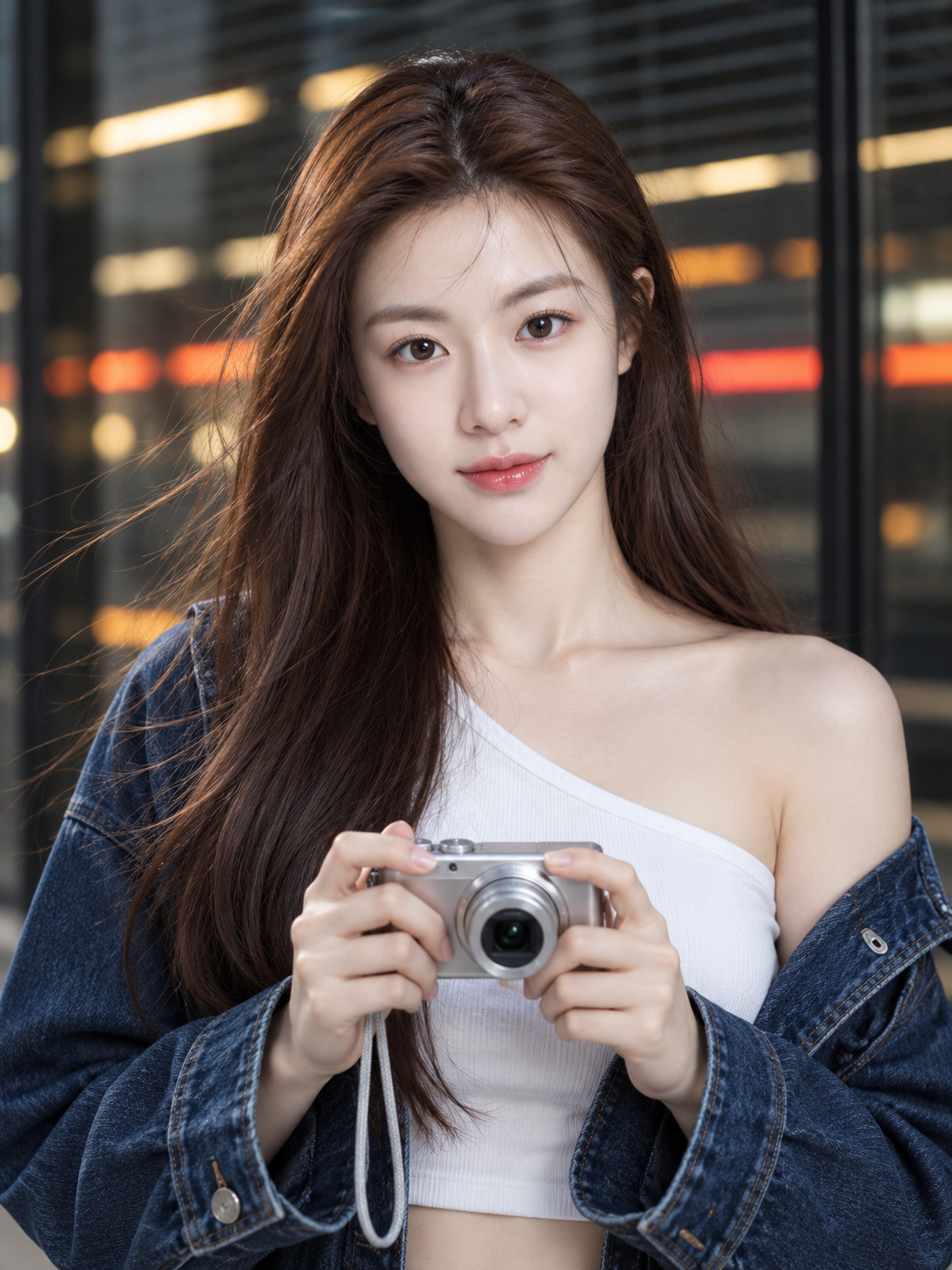 持银色数码相机的深发成年女性人像 — AI image creation