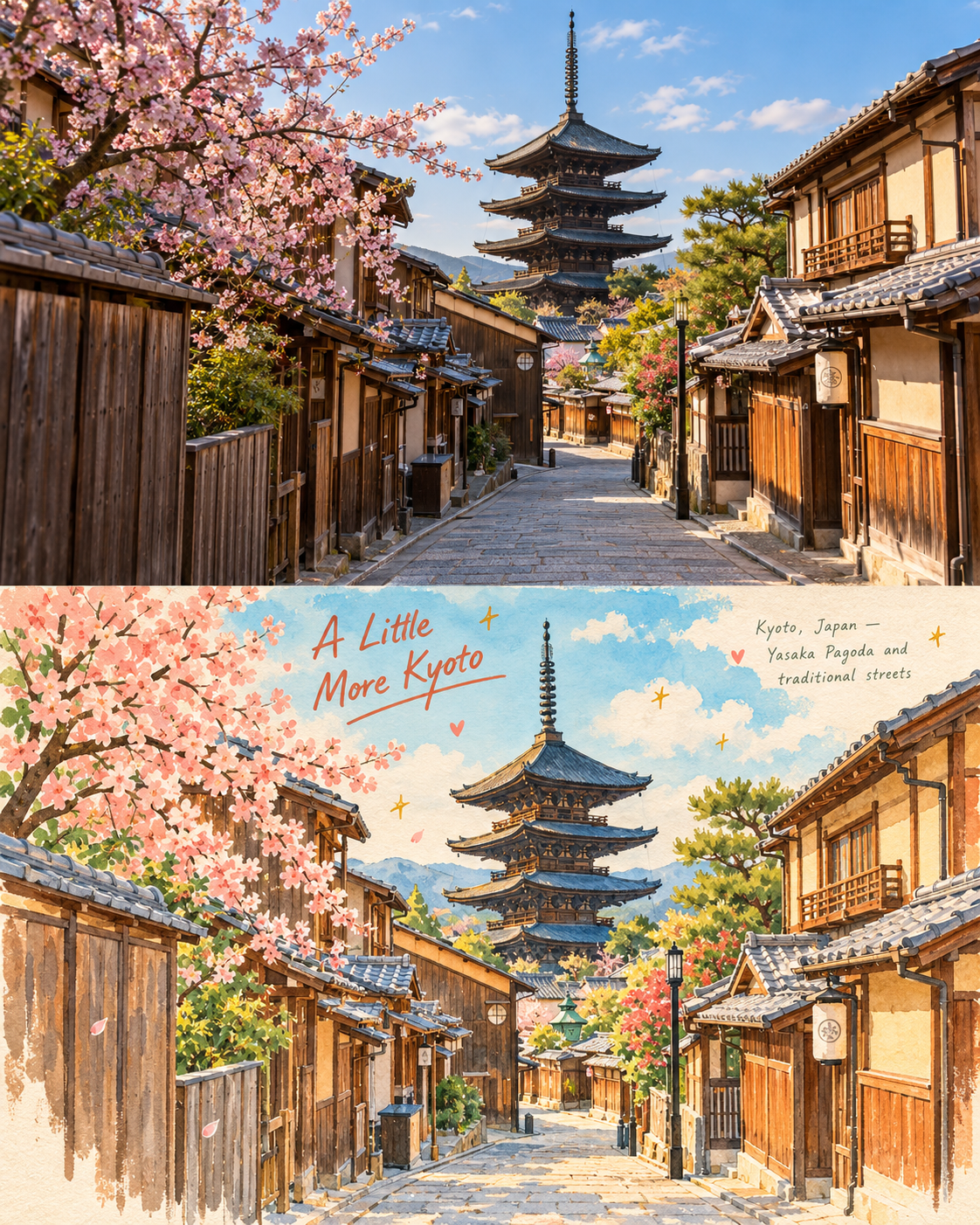 Áp phích màu nước từ ảnh du lịch cổ điển chùa Yasaka Kyoto