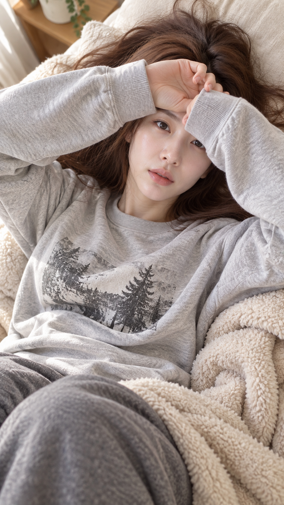 ソファでくつろぐ成人日本人女性の朝のスナップ