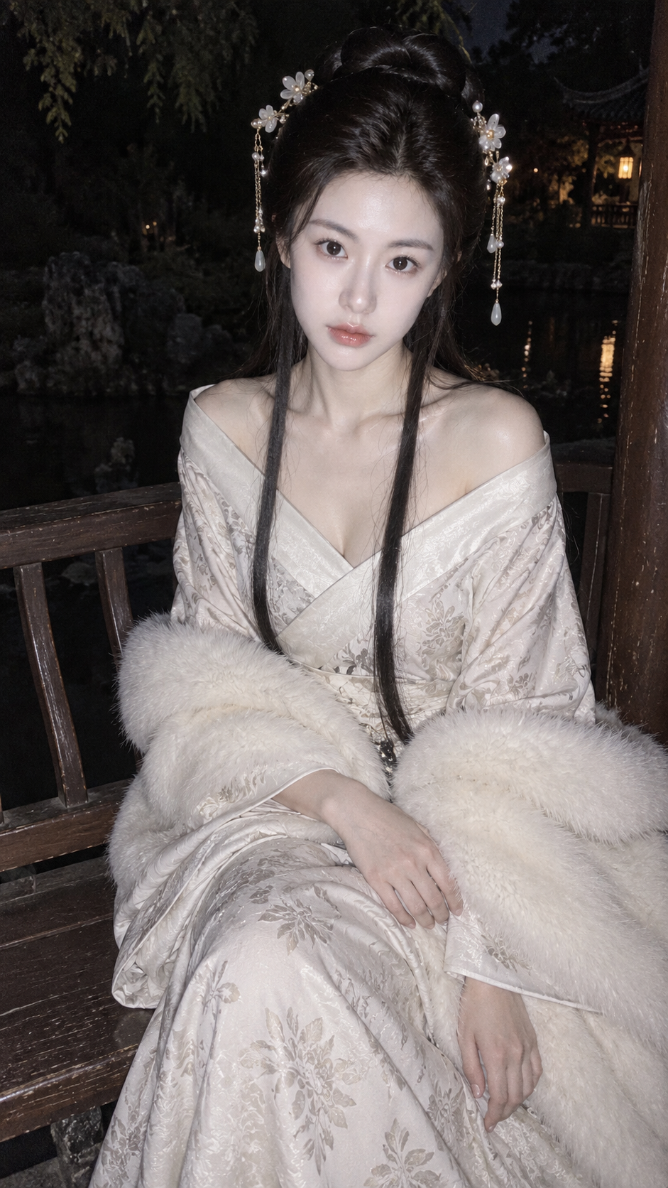 밤의 고대 정원에 있는 흰 모피 숄을 두른 성인 여성