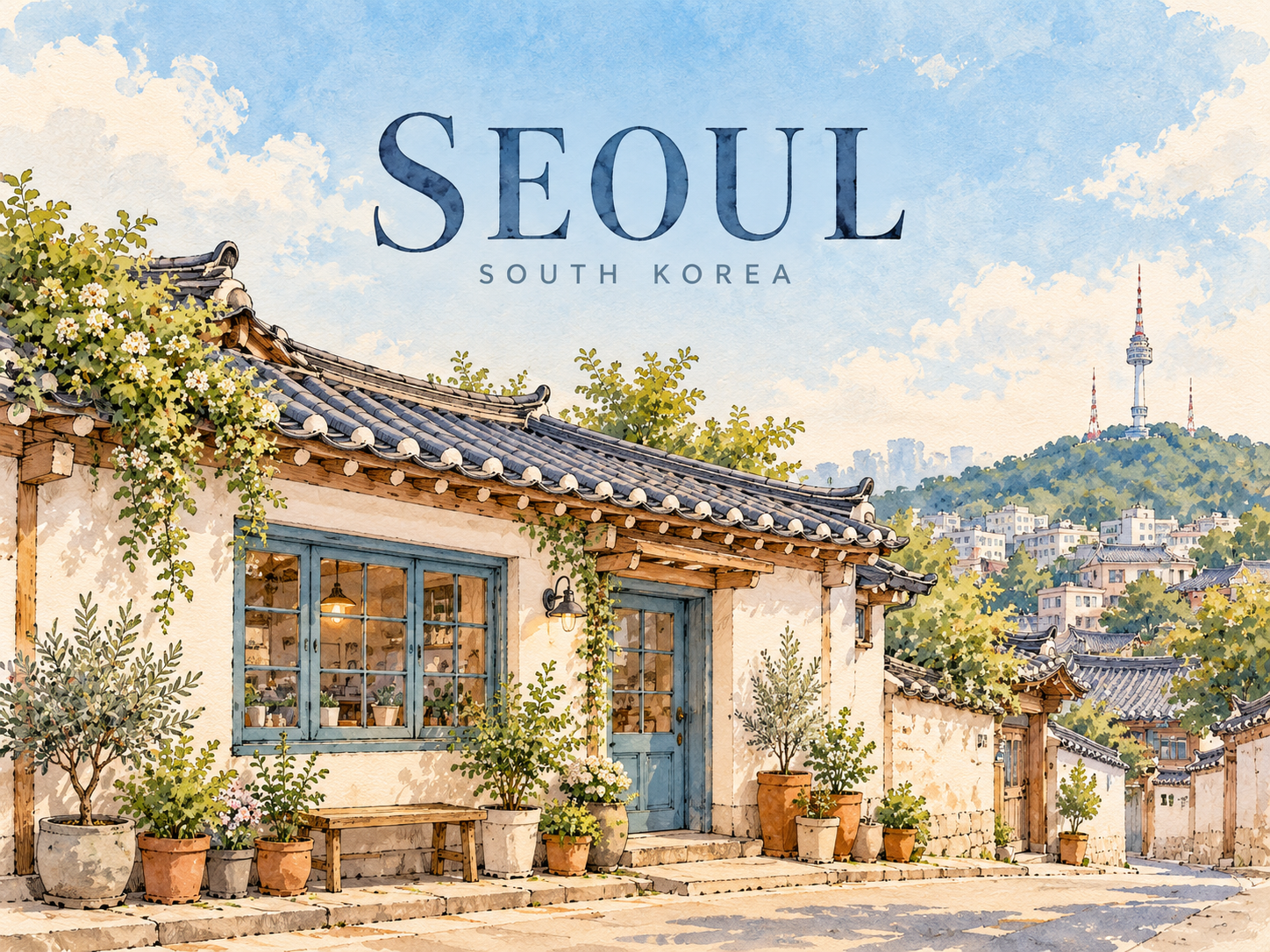 首尔街边小屋水彩旅行海报 — AI image creation