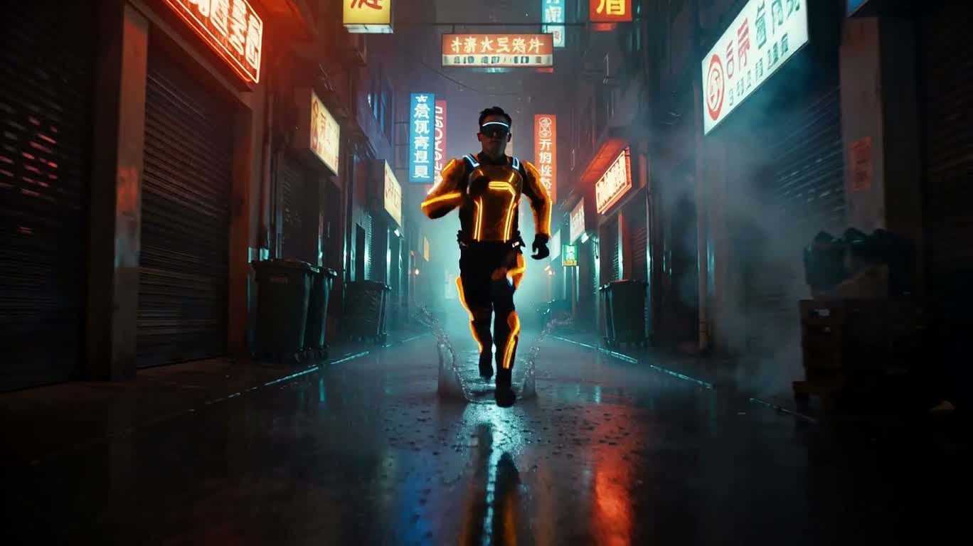 霓虹雨巷飞跃追逐 — AI video creation