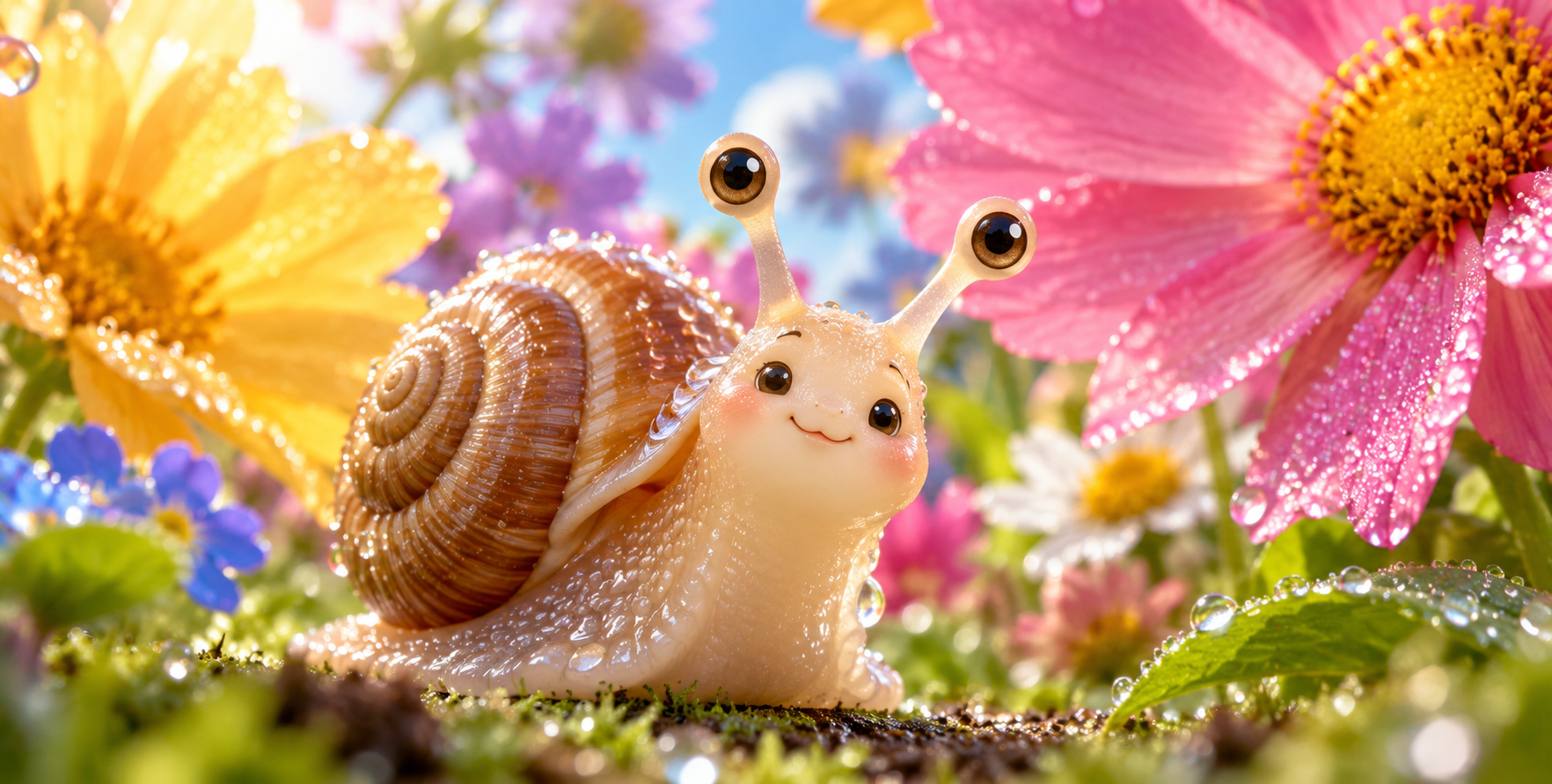 巨花丛中的大眼萌蜗牛微距特写 — AI image creation