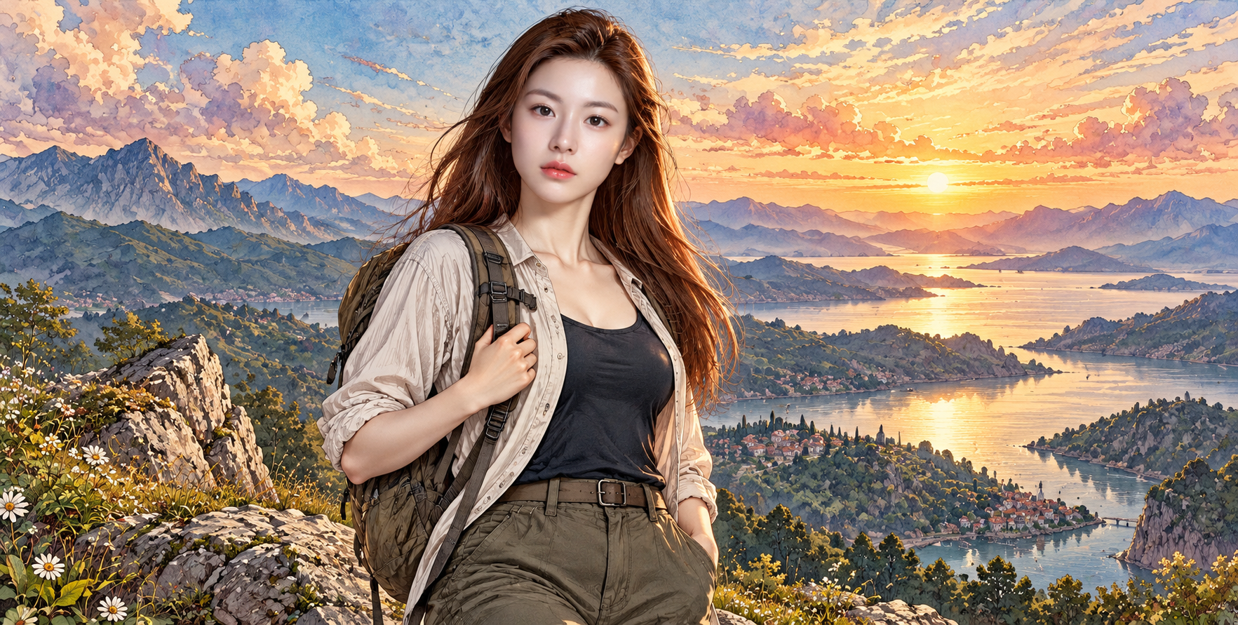 山丘之巅的繁复线描个性海报 — AI image creation