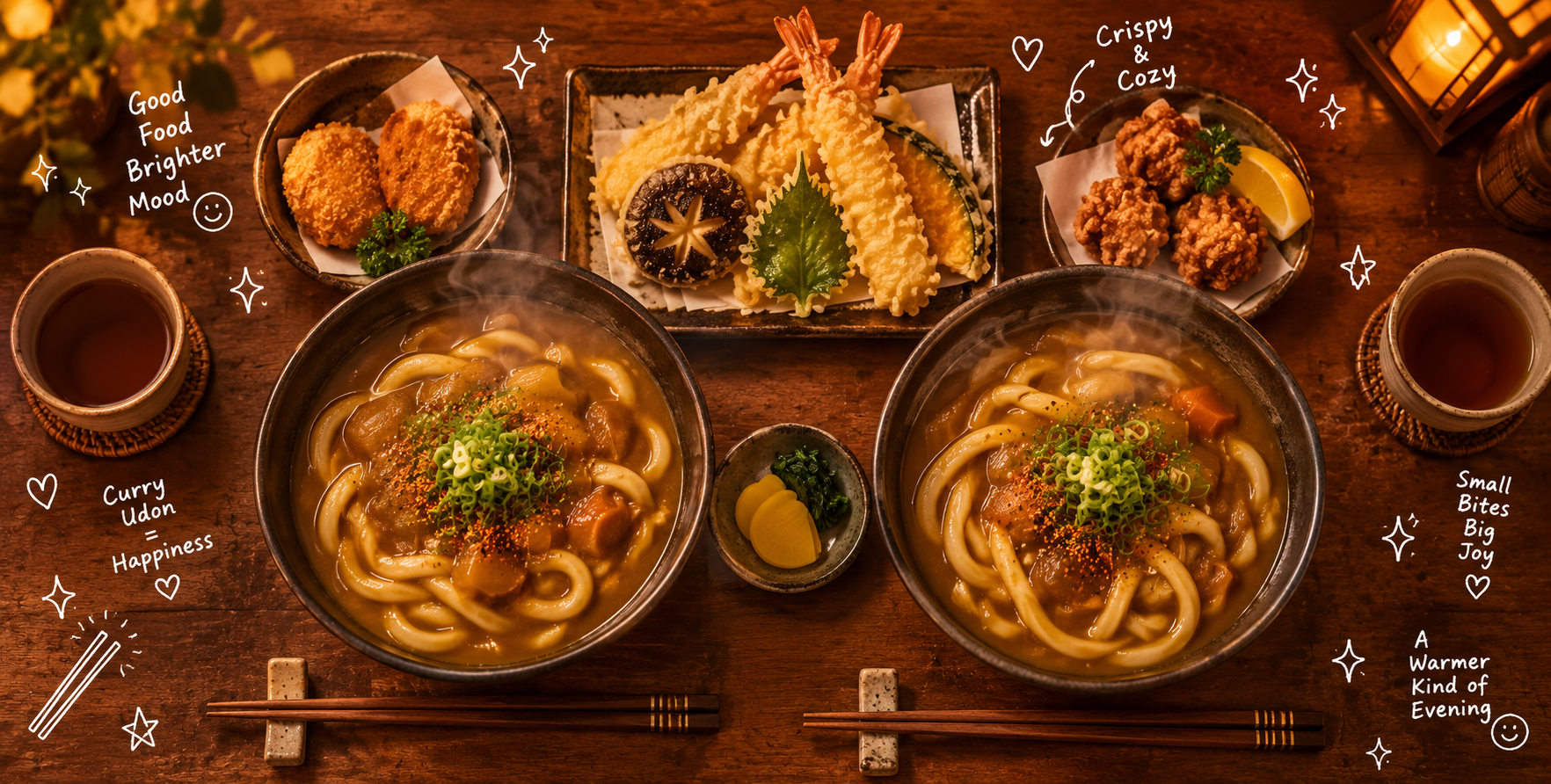 俯视电影感日式咖喱乌冬手账涂鸦美食摄影 — AI image creation