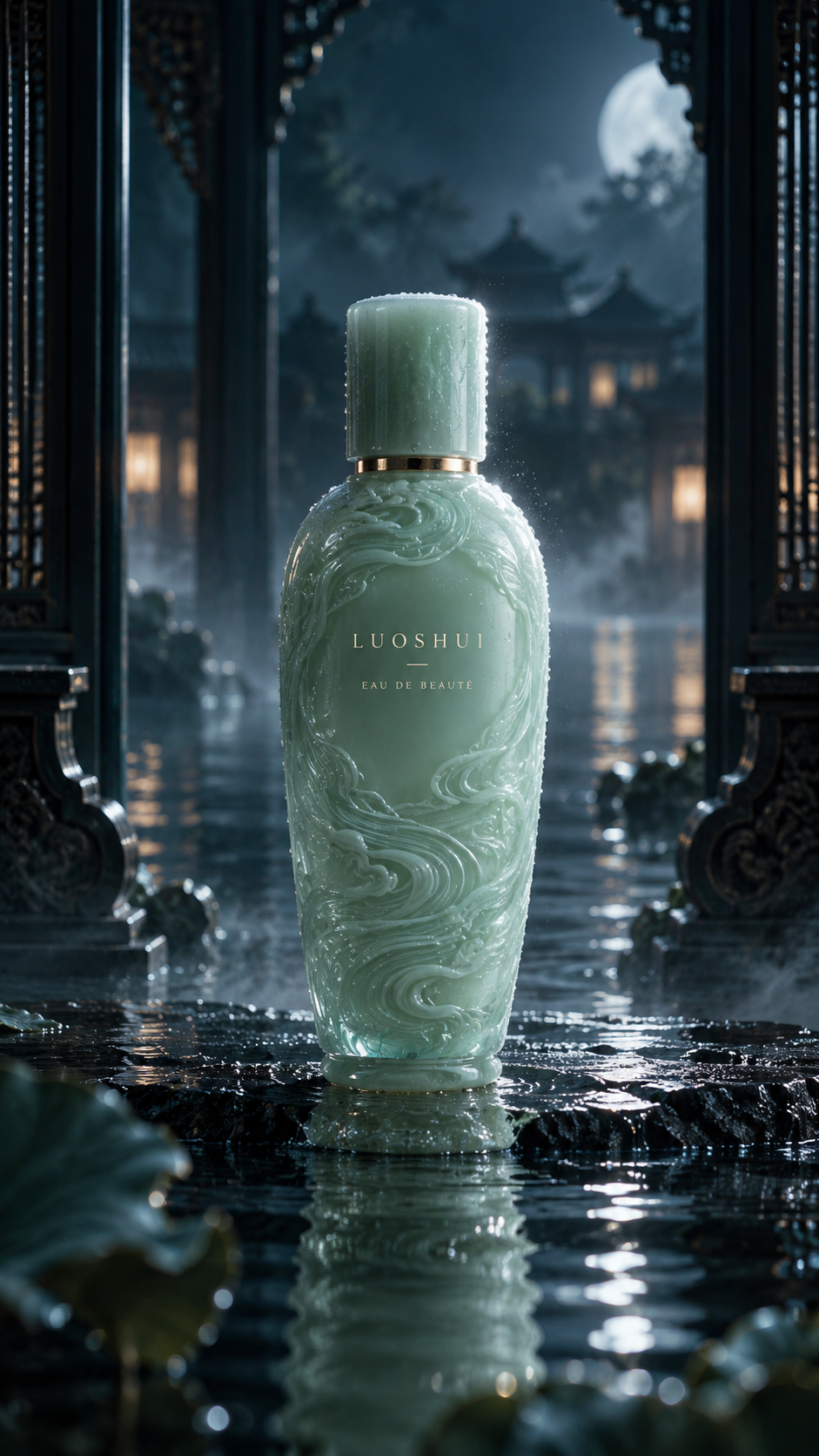 幽暗水殿青玉洛水凝露产品大片 — AI image creation