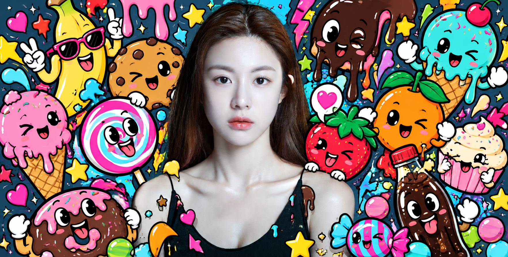 실제 인물과 캔디 몬스터의 네온 팝 콜라주