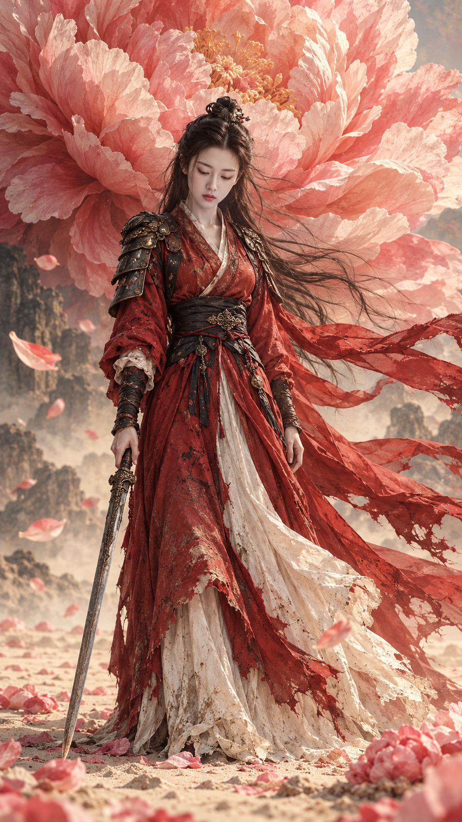 巨型桃粉牡丹下的成年中国女战士
