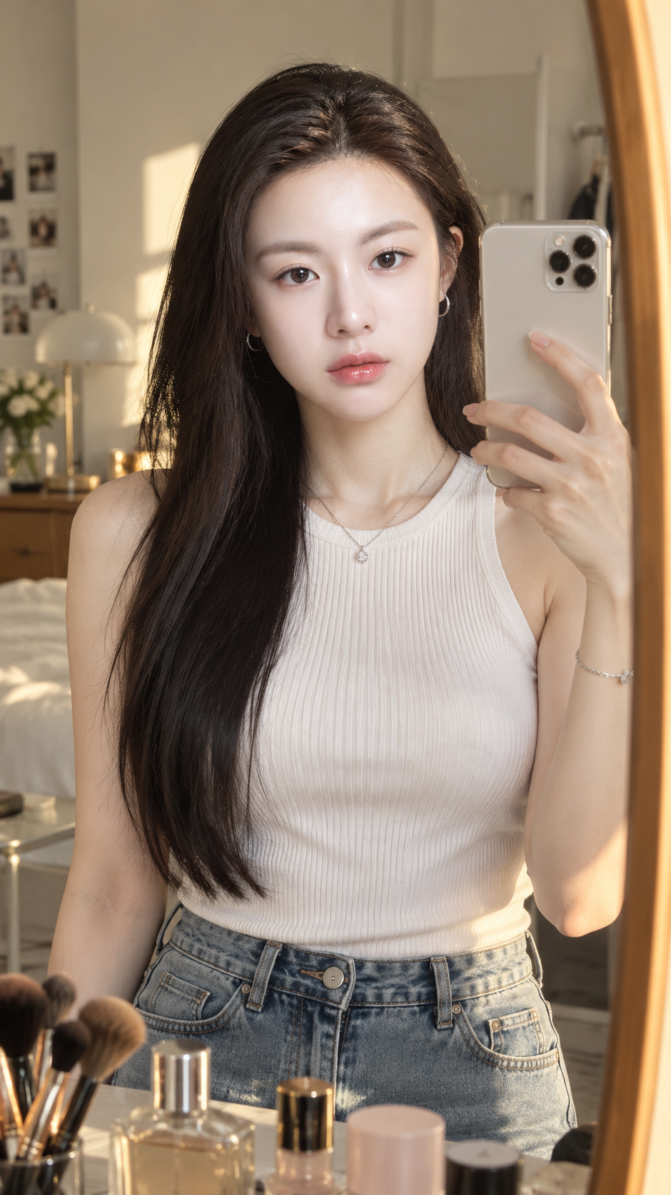 Ảnh tự chụp qua gương của phụ nữ trưởng thành mặc áo len trắng trong phòng ngập nắng