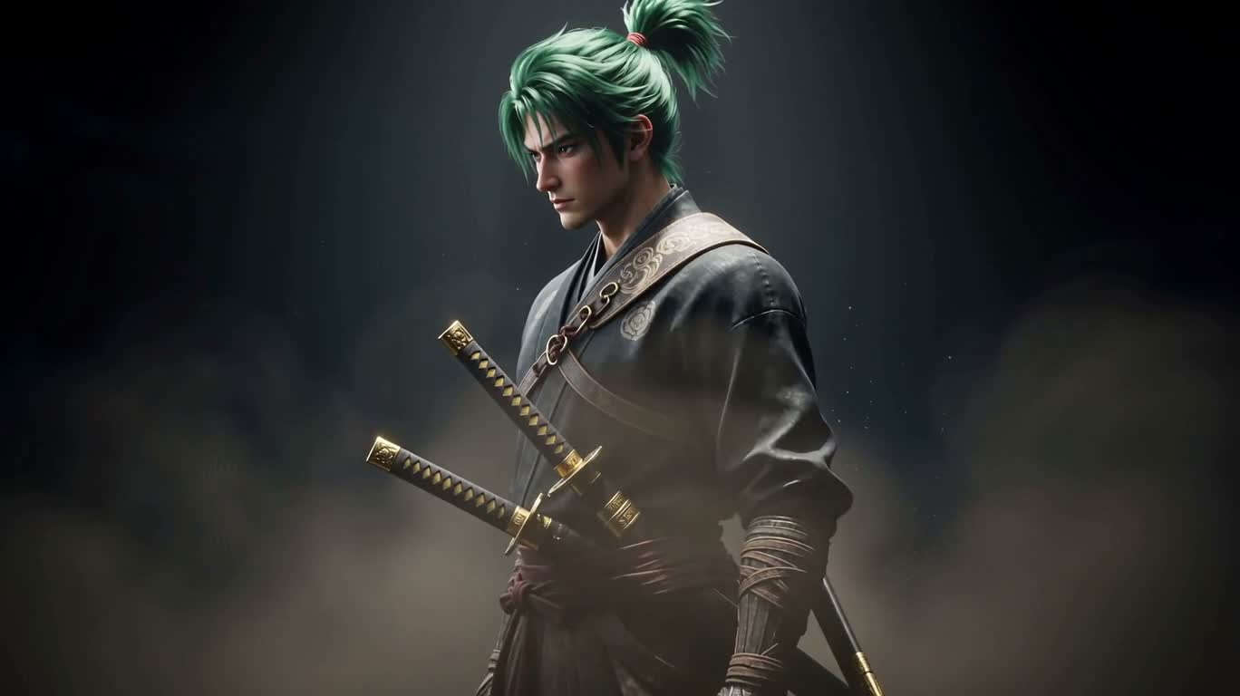 Hyperrealistic Digital Portrait of a Green-Haired Swordsman — AI video creation