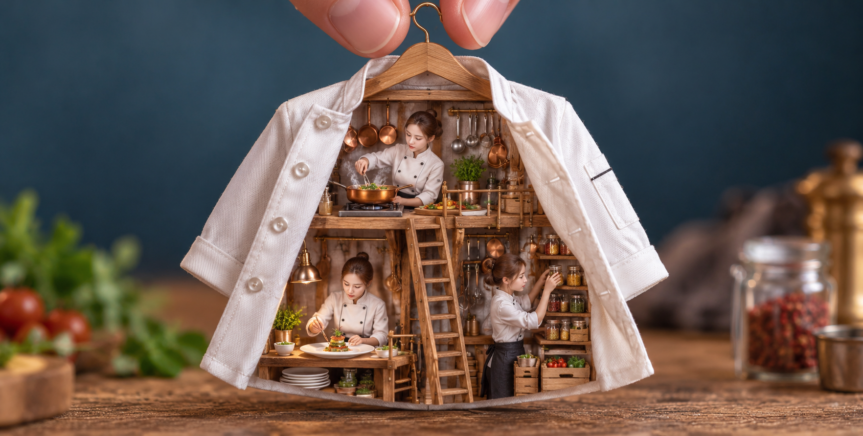 Cuisine miniature à l'intérieur d'une veste de chef