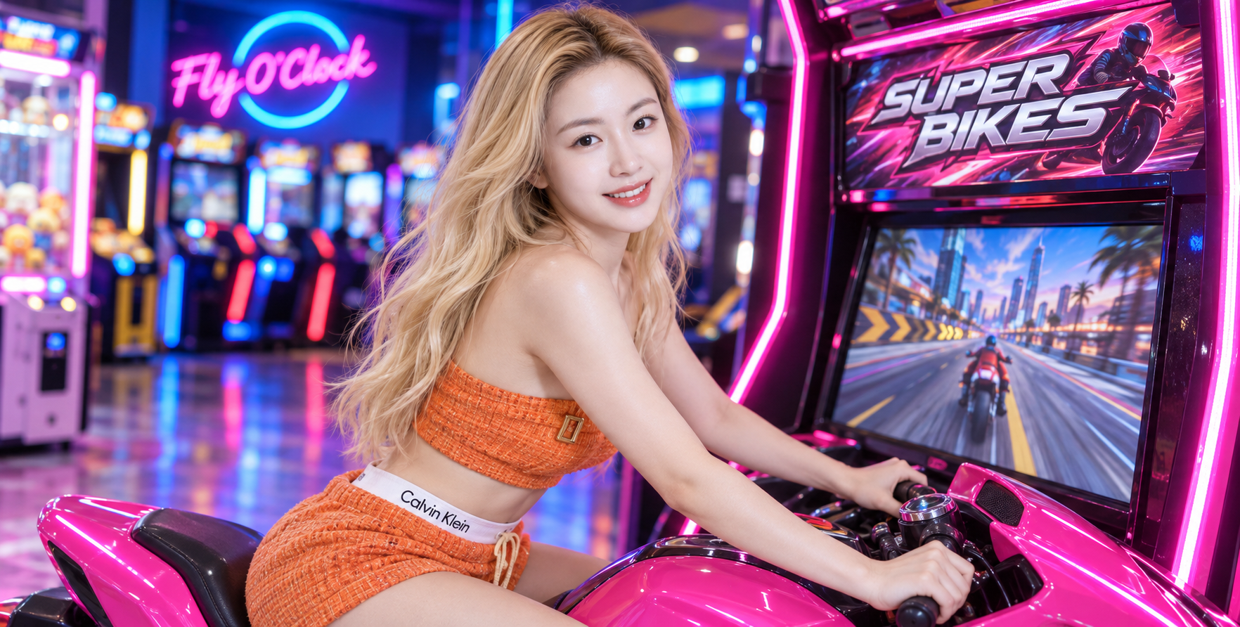 橙色针织穿搭与粉色摩托街机的成年女性肖像 — AI image creation