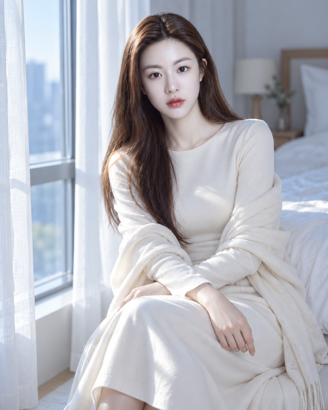 清晨窗边成年女性时尚肖像 — AI image creation