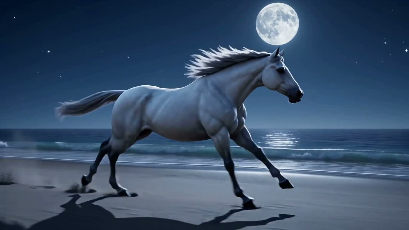 月夜海滩的低多边形白马