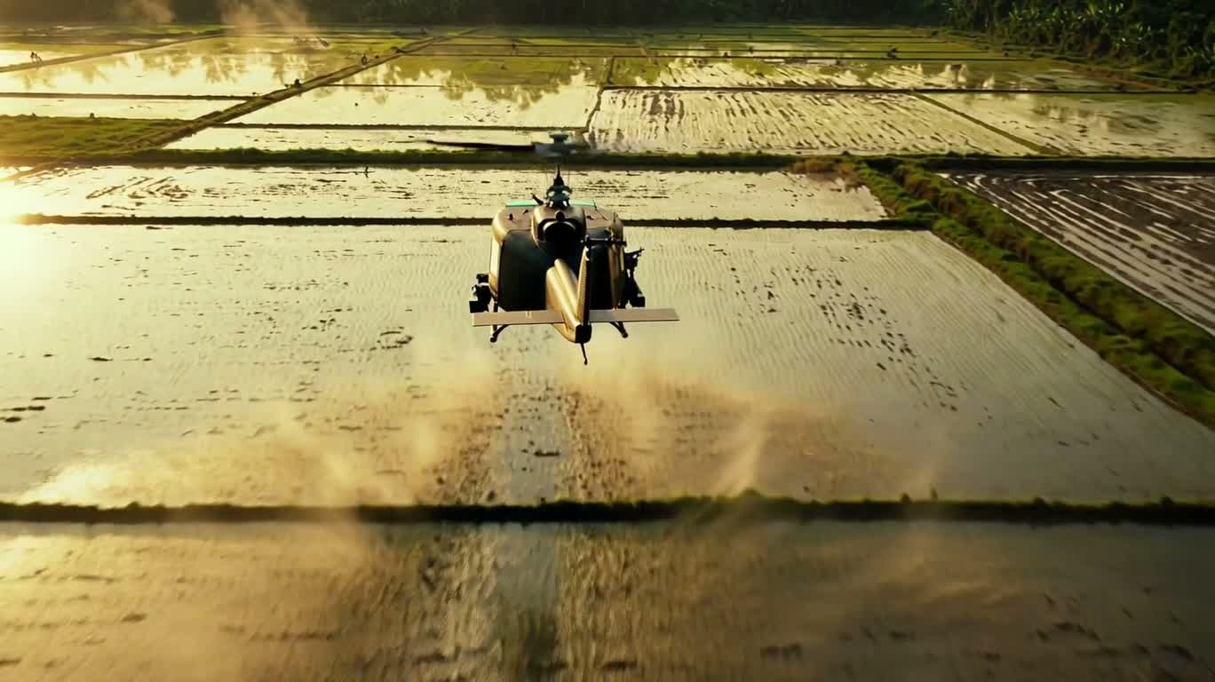 Raid d'hélicoptère de combat au-dessus des rizières dorées — AI video creation